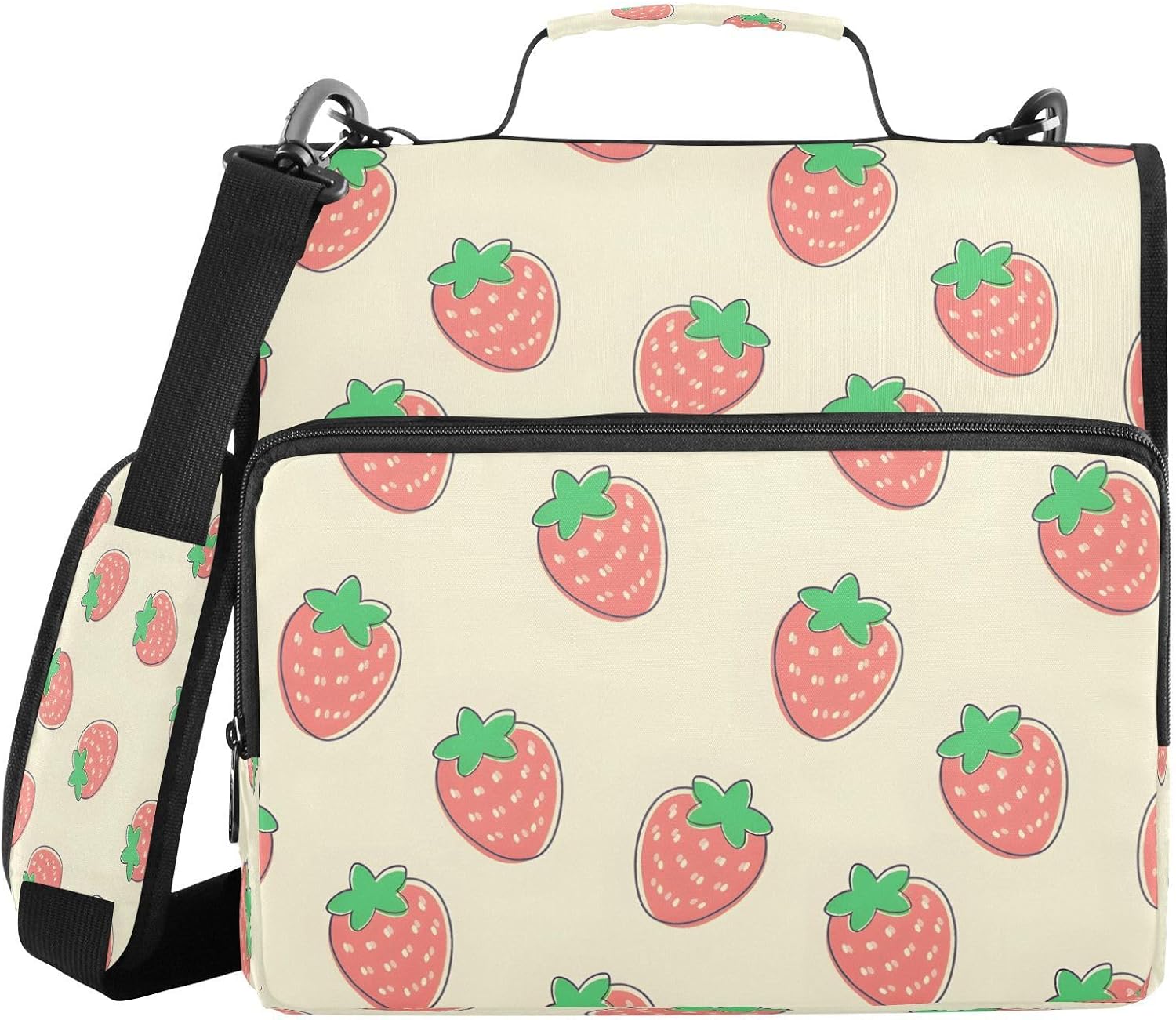 ALAZA Zipper Binder 3 Ring Cute Strawberry Beige Background Binder Organizer with Zipper and Shoulder Strap Large Capacity Multi-Pocket Trapper Keeper File Folder for Office Supplies