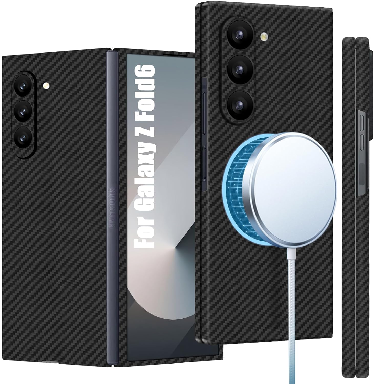 Slim Carbon Fiber Case for Samsung Galaxy Z Fold 6, 1500D Aramid Fiber Thin Z Fold6 Cover, Built with Magnet Compatible with Magsafe for Men and Women, Matte Black