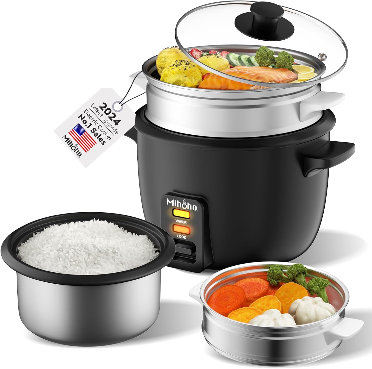 Rice Cooker, 2L Rice Cooker with Food Steamer, Rice Steamer with Non-Stick Inner Pot Makes Soups, Stews, Grains, Cereals, Keep Warm Feature (Black)