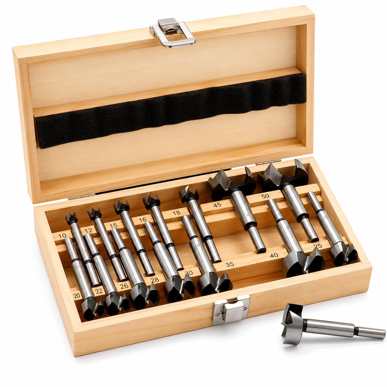 Forstnerbohrer Set 15-tlg. Ø10–50 mm im Holzkoffer – Holzbohrer aus hochwertigem C45 Stahl – Ø10 mm Zylinderschaft – für Hartholz, Weicholz, MDF und Spanplatten - von CF Technik