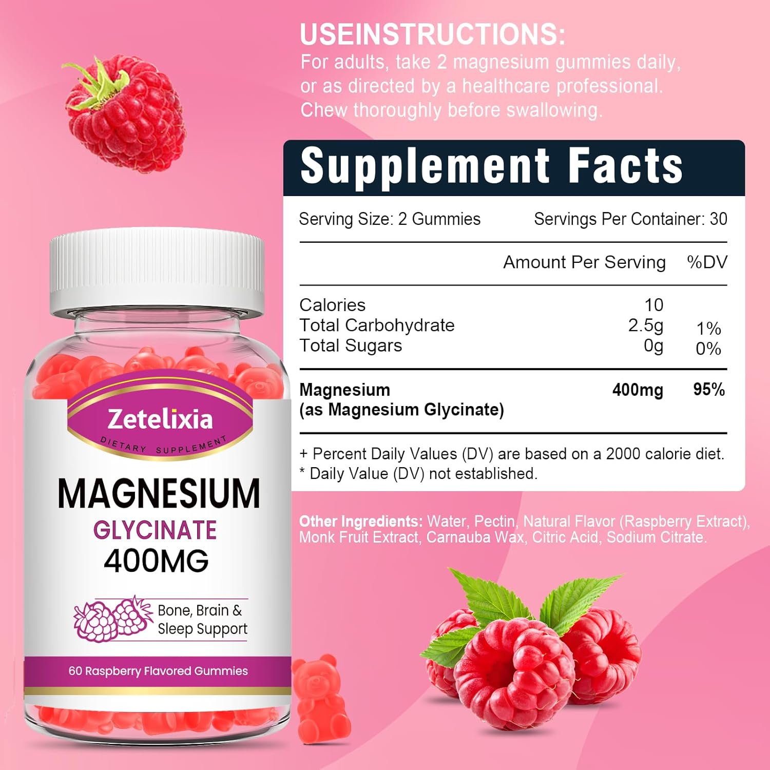 2 Pack Magnesium Glycinate Gummies, High Absorption Magnesium Glycinate Supplements for Relaxation, Sugar Free Chews for Adults & Kids, Relax Mood, Raspberry Flavor, 120 Count