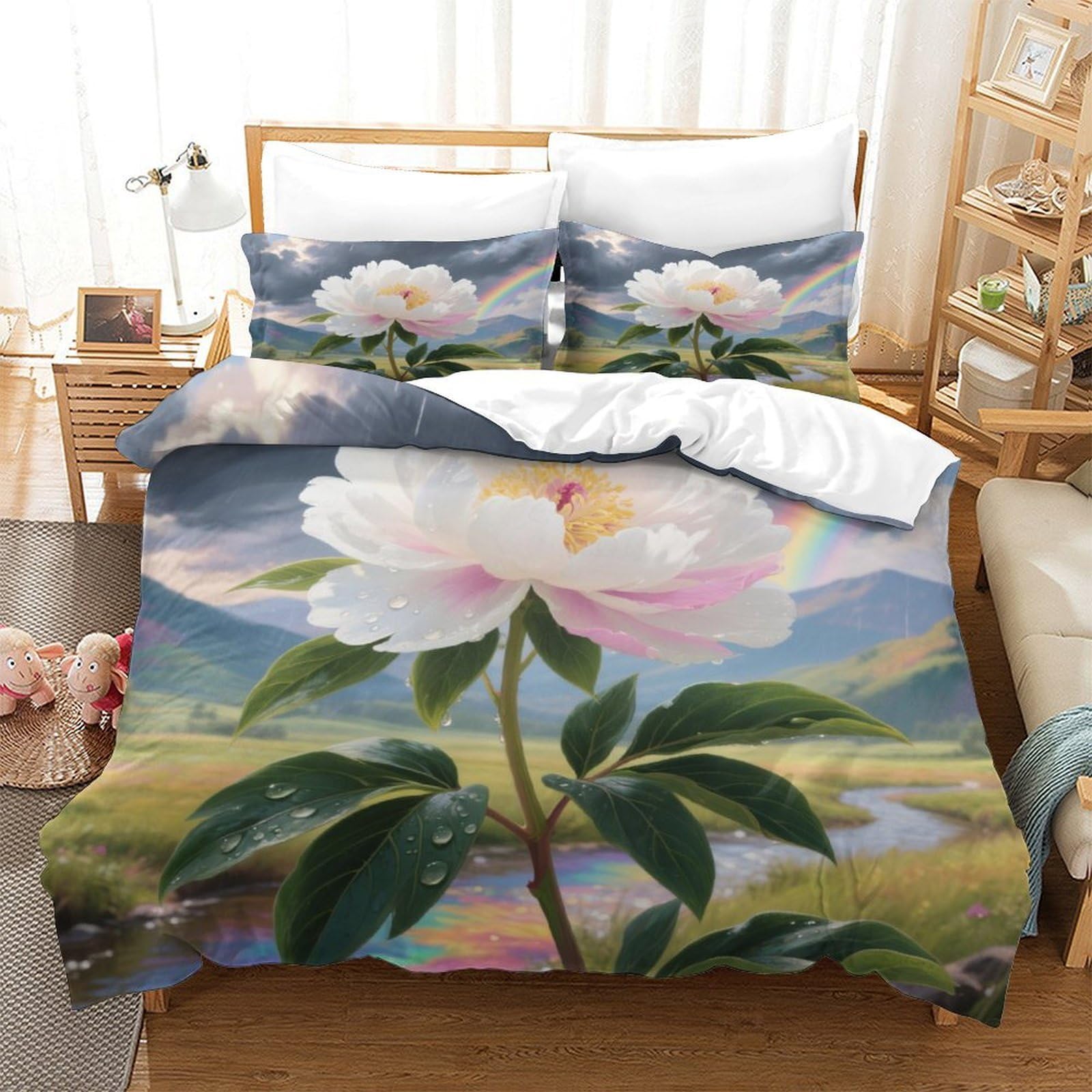Parure de lit pivoine 3D housse de couette 260x220 fermeture éclair lit super king