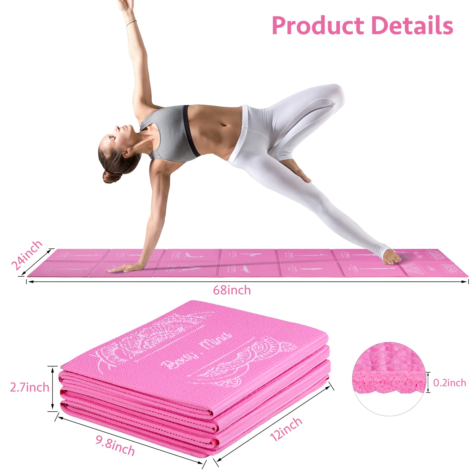 Tappetino Yoga Pieghevole Portatile Per Le Donne, Tappetino di Esercizio Antiscivolo Per La Palestra Domestica, Spesso 5mm Set Di Yoga Da Viaggio Con Elastico Per Yoga Pilates e Fitness, 173x61cm