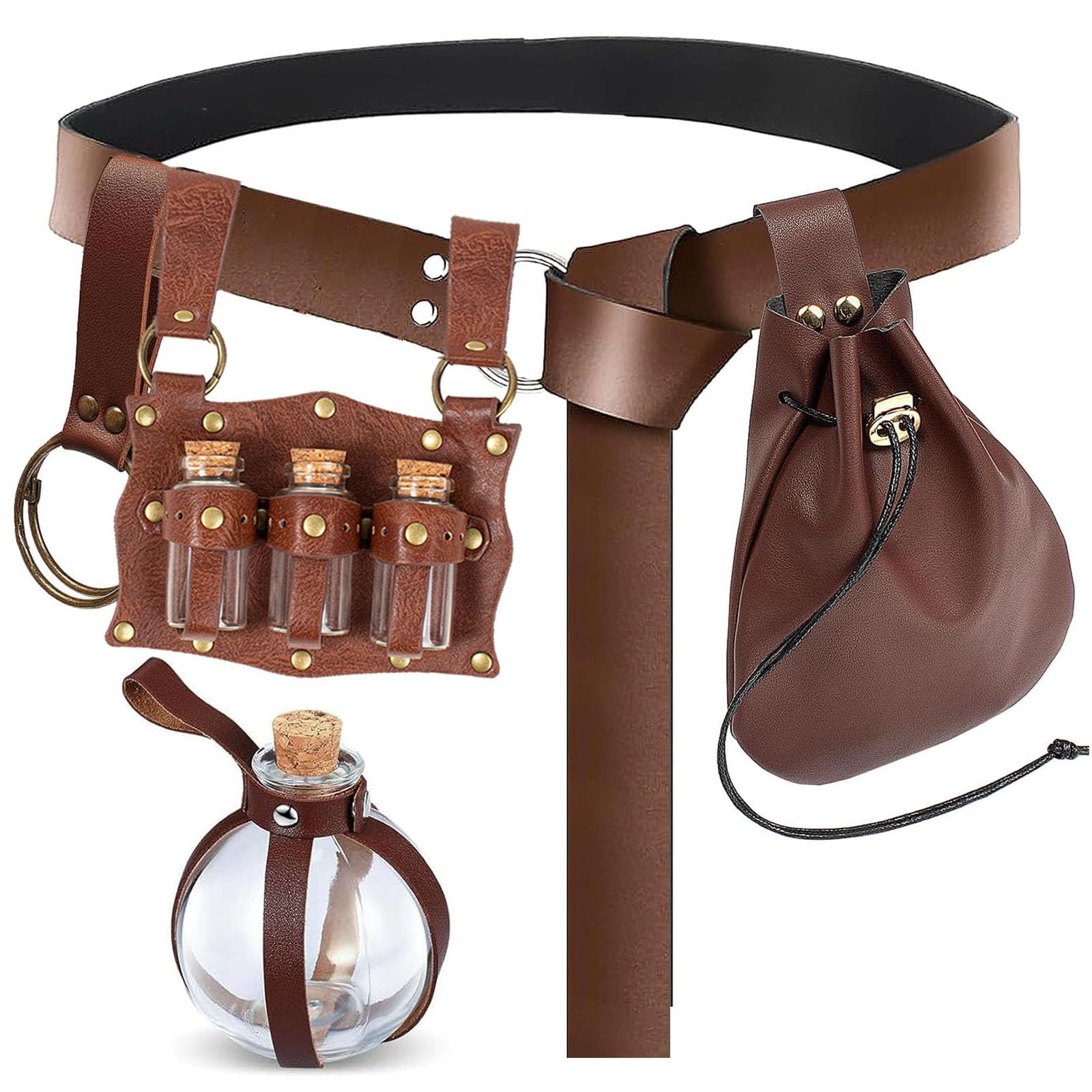 SUMGOGOHalloween Renaissance Belt Pouch Witch Bottle Vial Skirt Hikes Medieval Viking Pirate Leather Belt Costume Set 5PCS