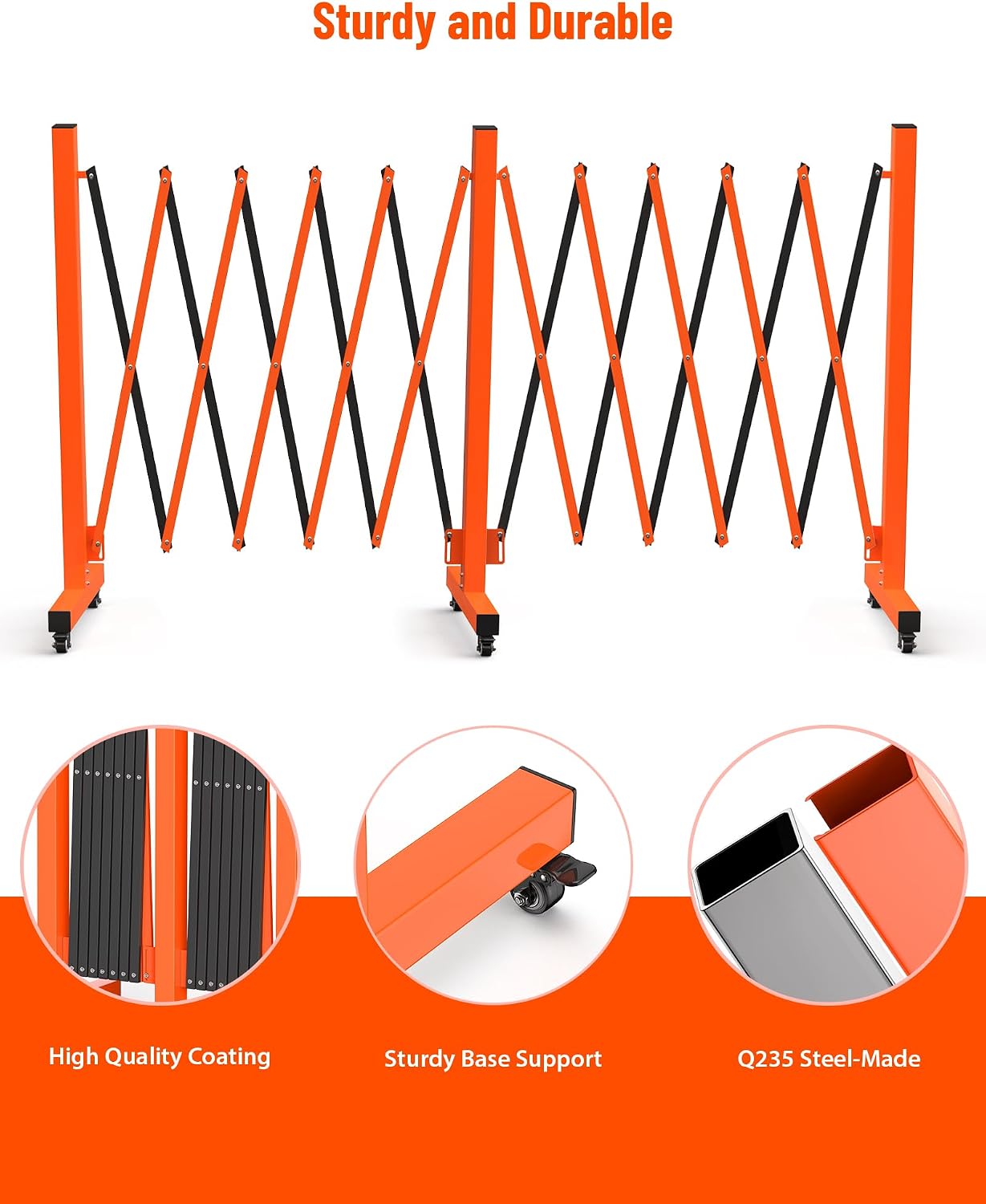 9 ft Expandable Barricade Gate, Heavy-Duty Steel Retractable Safety Barrier with 4 Locking Wheels, 270° Adjustable Folding Crowd Control & Security Gatefor Construction, Traffic, Events, Garage
