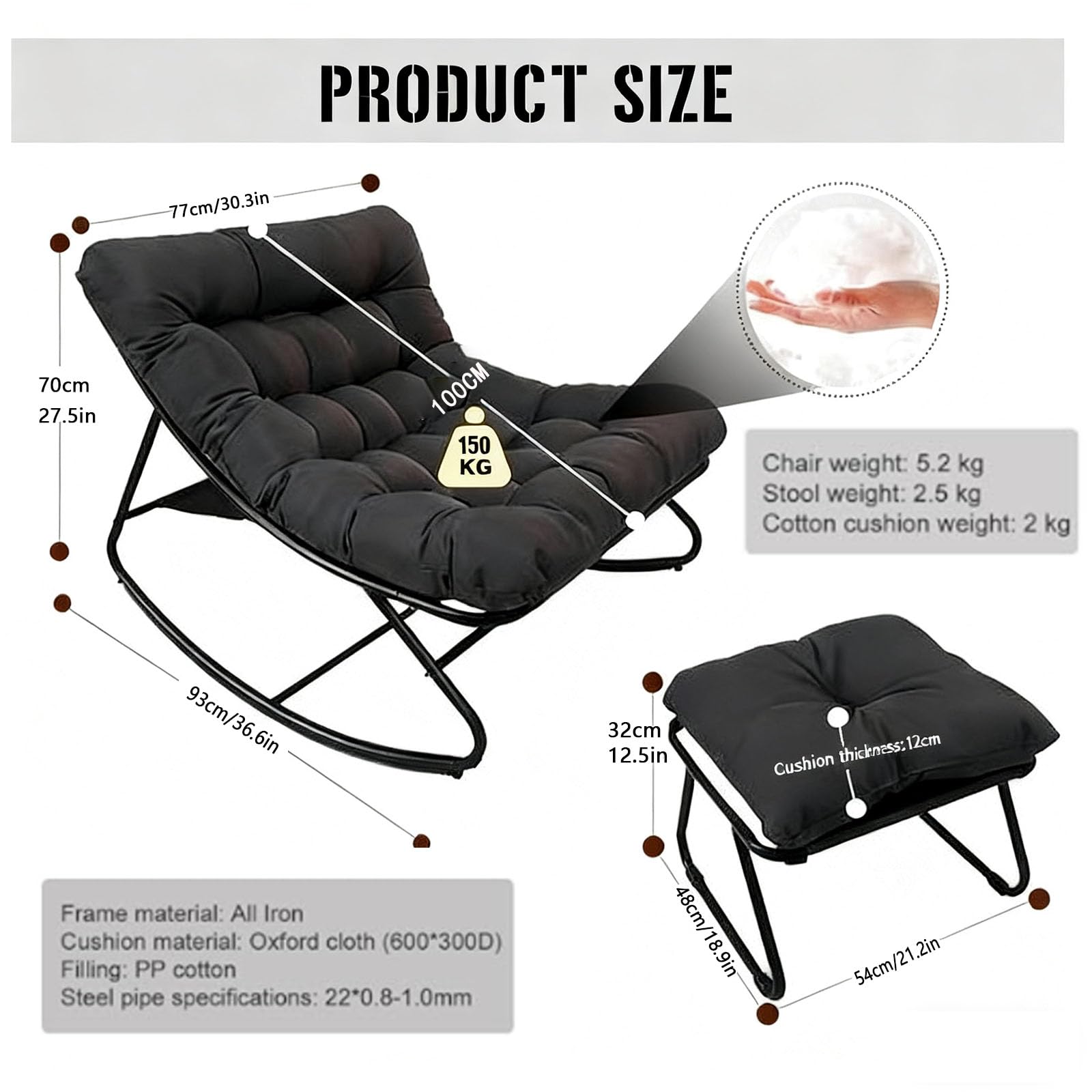 Sillon Mecedora–con cojín y Taburete,Sillon de Lectura Metal, Cómoda Silla de butaca Mecedora Soporte de carga150 kg para salón, terraza, balcón, jardín. (Negro)