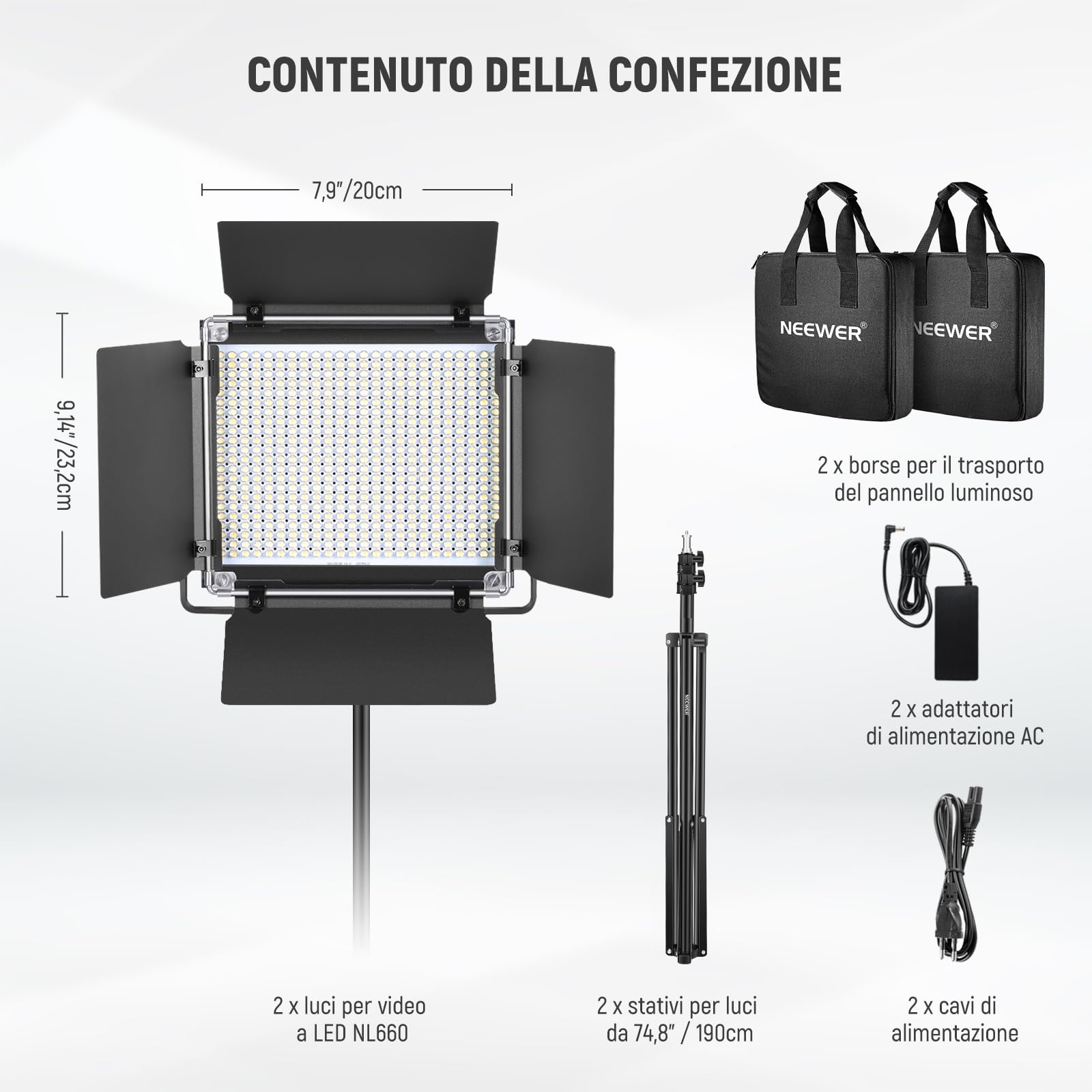 NEEWER 660 Pannello Luce LED Fotografia Kit d’Illuminazione:Luci Video Bicolore Dimmerabile 3200-5600K CRI 96+ & 190cm Cavalletto, Faretto LED Fotografico per Riprese Video e Foto Studio