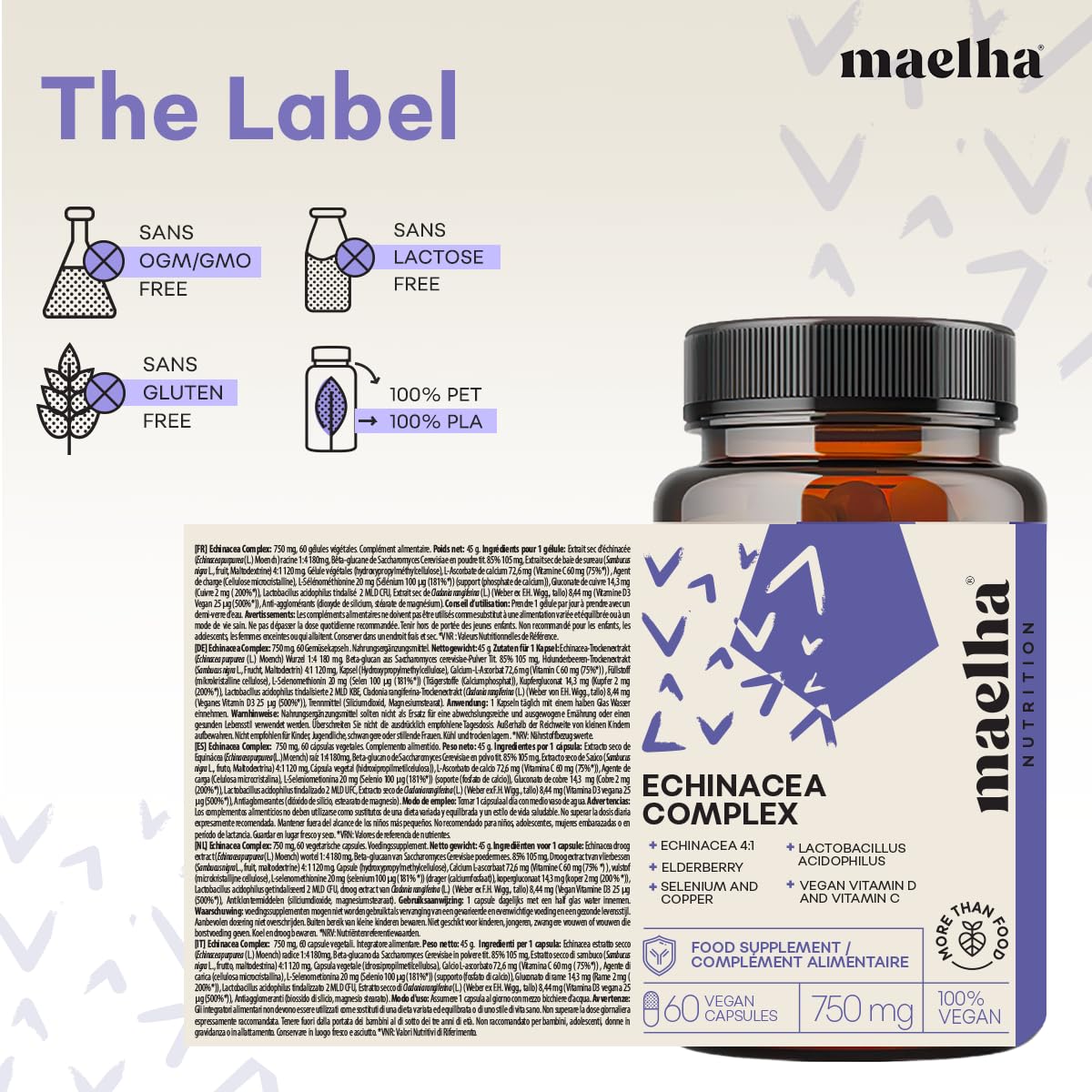 Echinacea-Immunkomplex | Echinacea, Beta-Glucane, Holunder, Vitamine C und D, Selen, Kupfer, Lactobacillus acidophilus | Immunsystem | 60 Kapseln | 100% natürliche Ergänzung