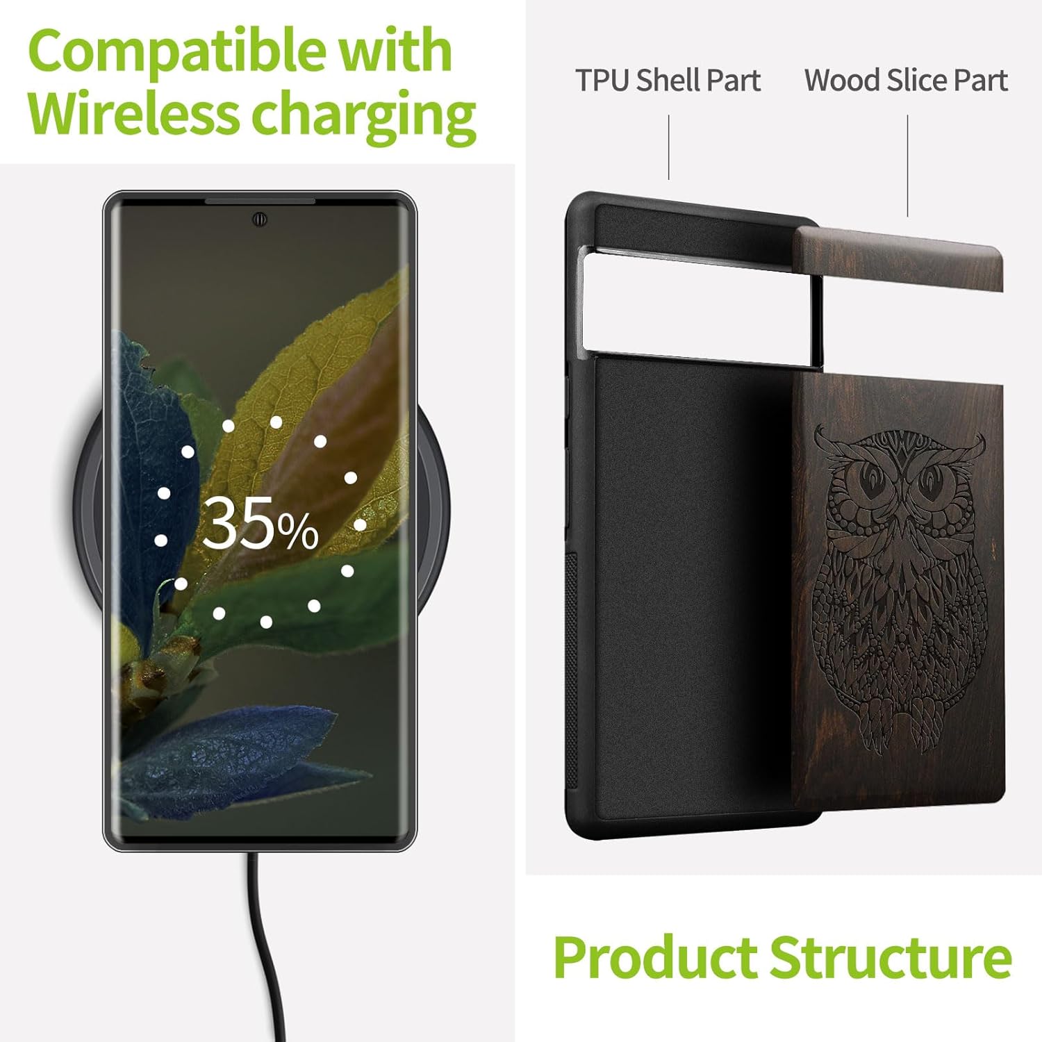Carveit Wood Case for Pixel 8 Pro Case [Natural Wood & Black Soft TPU] Shockproof Protective Cover Unique Wooden Design Compatible with Google Pixel 8 Pro (The Owl Mandala-Blackwood)