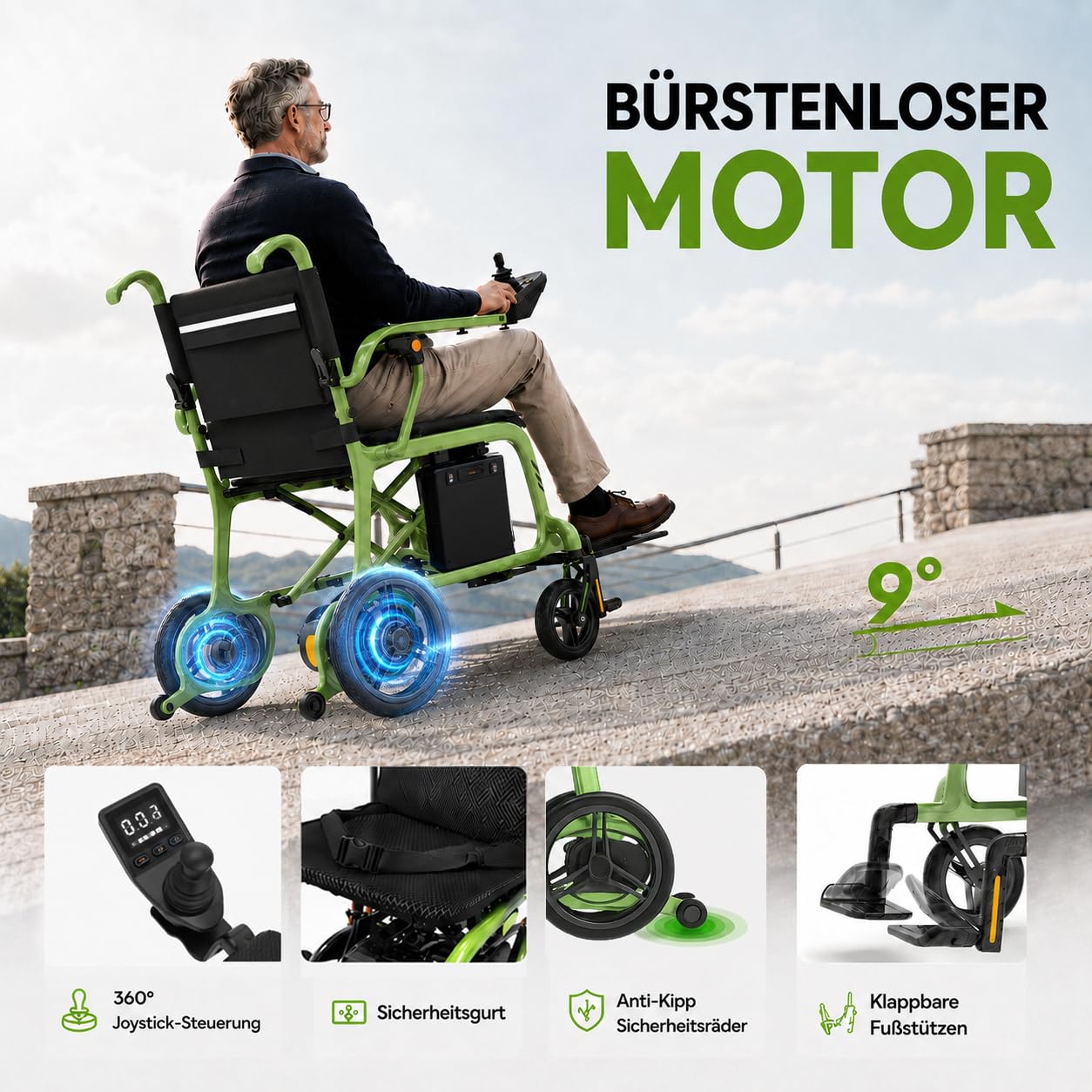 Nur 11 kg Rollstuhl Elektrisch Faltbar, LED-Anzeige, 100% Kohlefaser, 48+ km Reichweite Elektrischer Rolls, 2 * 12AH Batterien Elektrorollstuhl, mit Sitzkissen, Tragetasche, Staubschutzhülle