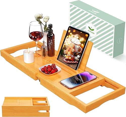 Vista 11 de Bandeja de baño de lujo para bañera, bandeja plegable de bambú con libro y soporte para copas de vino, accesorios de baño ampliables para spa o Negro
