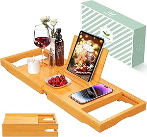 Uitbreidbare Bad Lade Tafel voor Luxe Bad, Verstelbare Bamboe Bad Caddy Tray Met Handdoek/Wijn/Boek Houder, Thuis Bad Accessoires