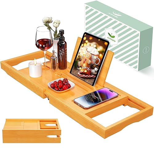 Artmalle Bathtub Caddy Tray for Tub, Expandable Bamboo Bath Table