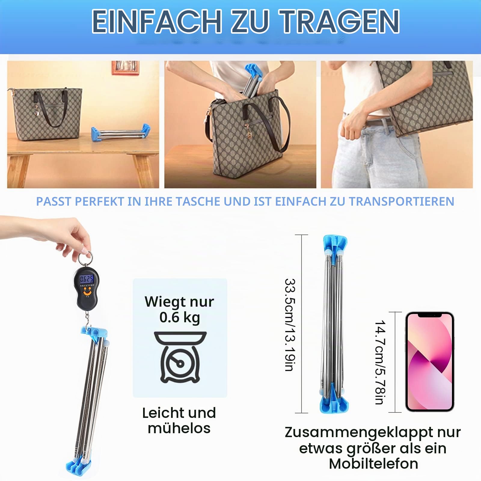 Roadtime Tragbarer Reise Kleiderständer 13-28 Zoll Einziehbarer | Wäscheständer, Zusammenklappbarer Bodenständer, Kleiderstänge, für die Wäsche zu Hause, Camping, Reisen im Freien