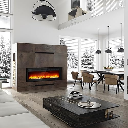 Miniatura 7 de Chimenea eléctrica empotrada en la pared, 50 pulgadas montada en la pared con control remoto, calentador de 750/1500 W, 12 colores y brillo