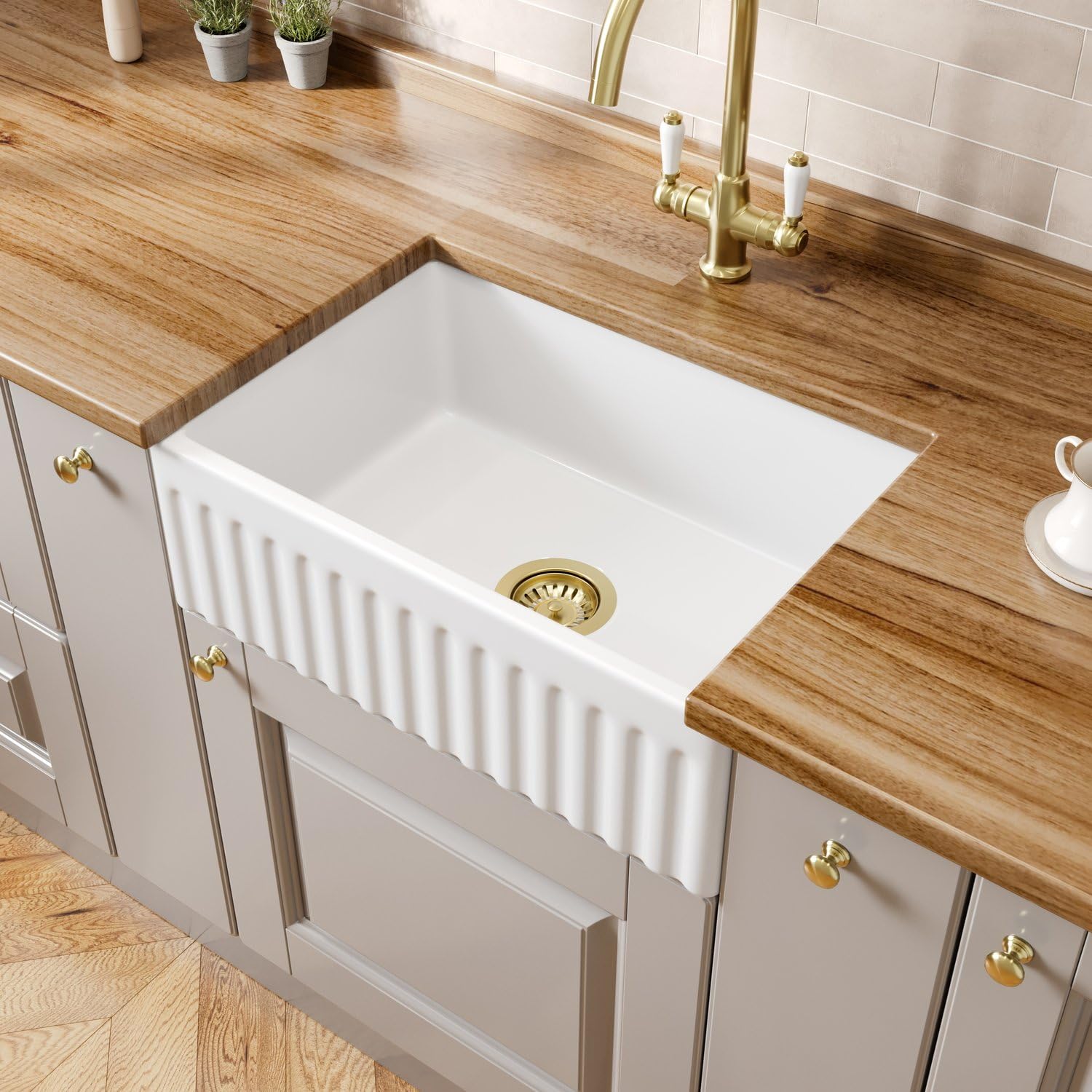 Lussena 605 x 405mm Fluted Ceramic Belfast Kitchen Sink Drop in Single Bowl 1.0 with Free Brushed Brass Basket Strainer Waste