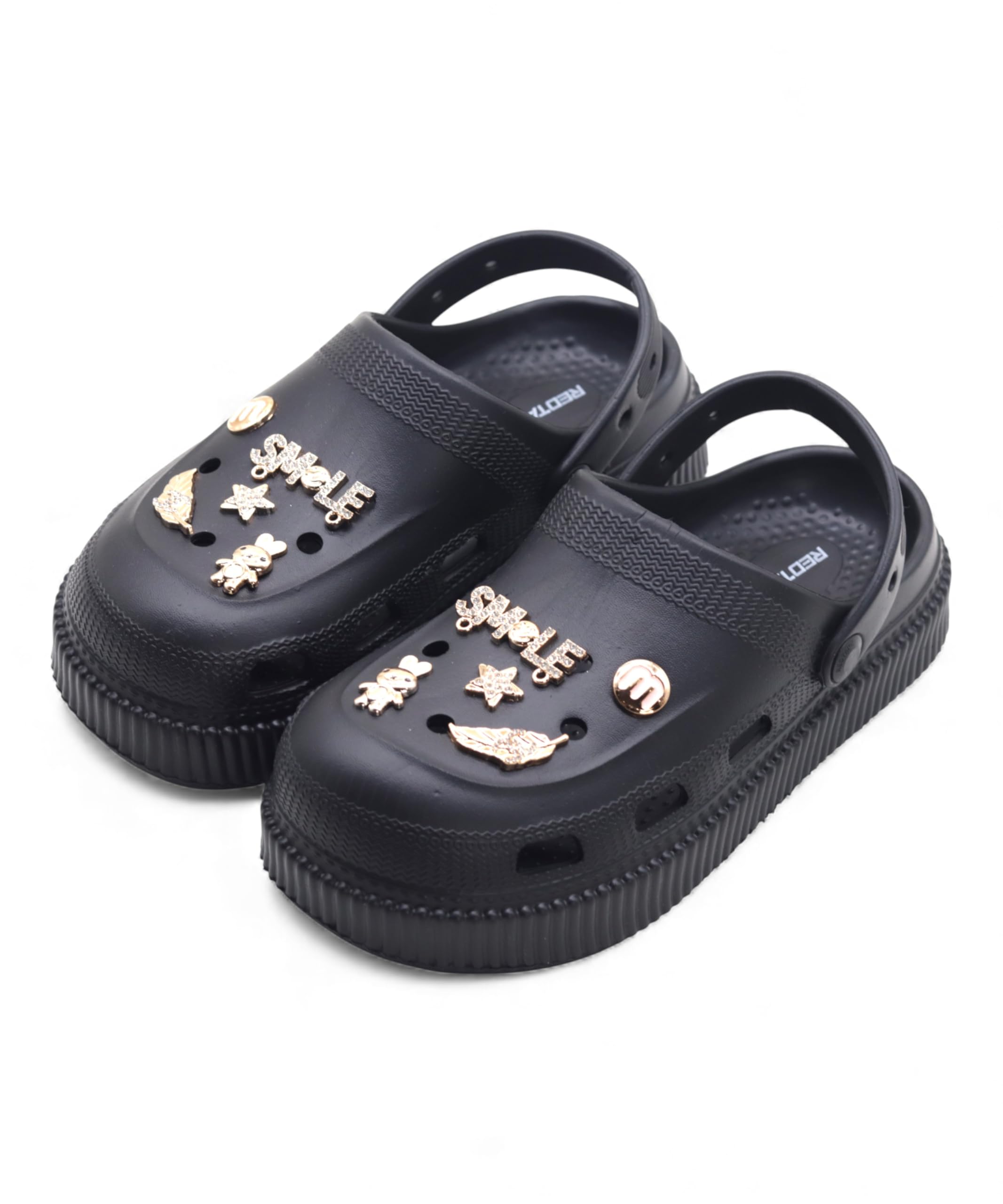 Womens Lightweight EVA Clogs with Gold Tone Glitter Charms Soft Cushioned Anti Slip Slip on Clogs with Back Strap-image-39