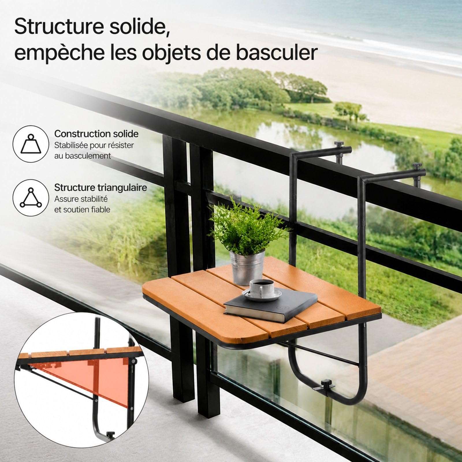 Table Suspendue pour Balcon avec Montage sur Balustrade, Table d’extérieur réglable pour Patio et terrasse