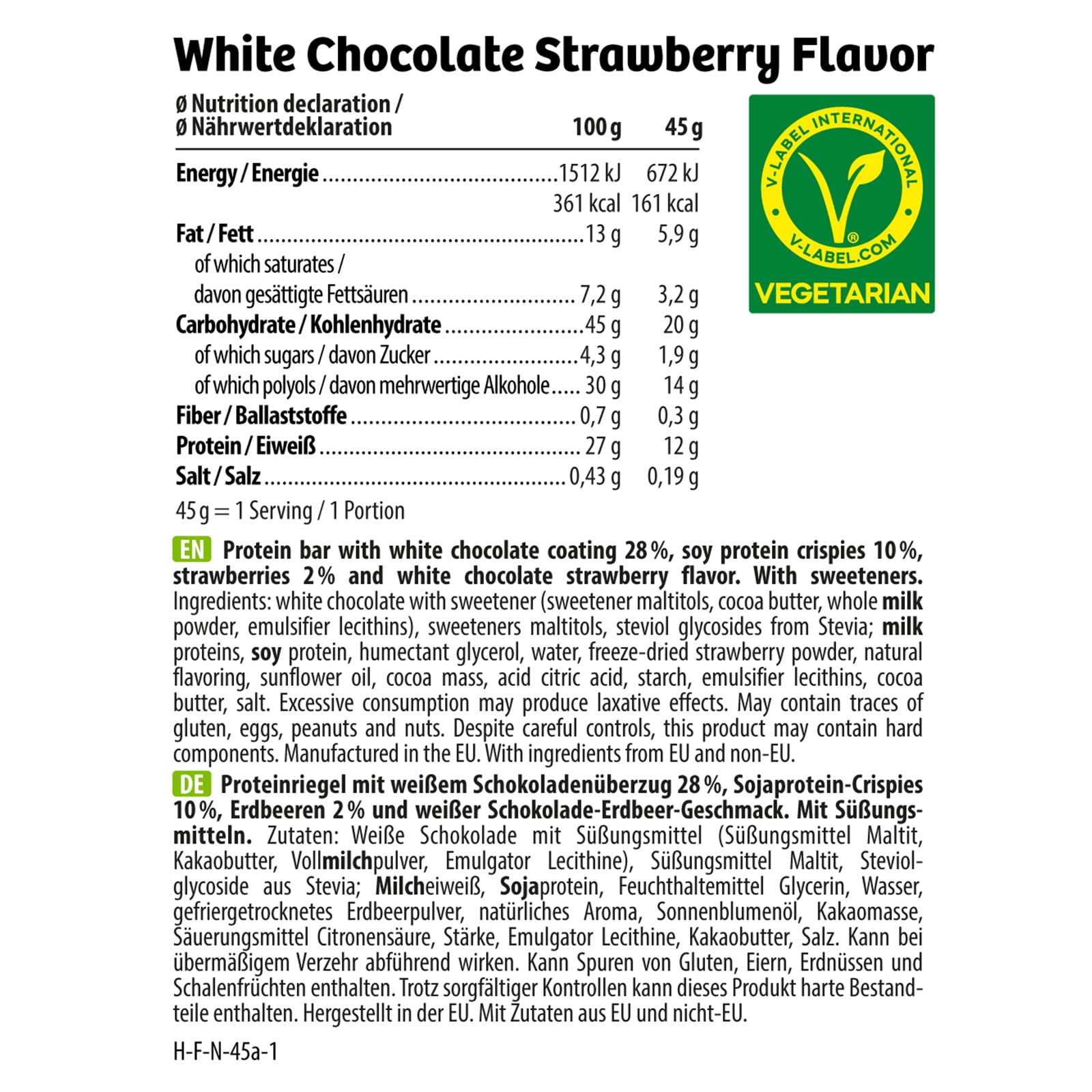 HEJ Crispy Protein-Riegel - Zuckerarmer High-Protein-Snack - Mit 12g Eiweiß - Vegetarisch - Ohne Künstliche Aromen & Sucralose - White Chocolate Strawberry 12 x 45g
