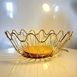 Fruteira Dourada Luxo Gold com Base de Madeira – 27 cm