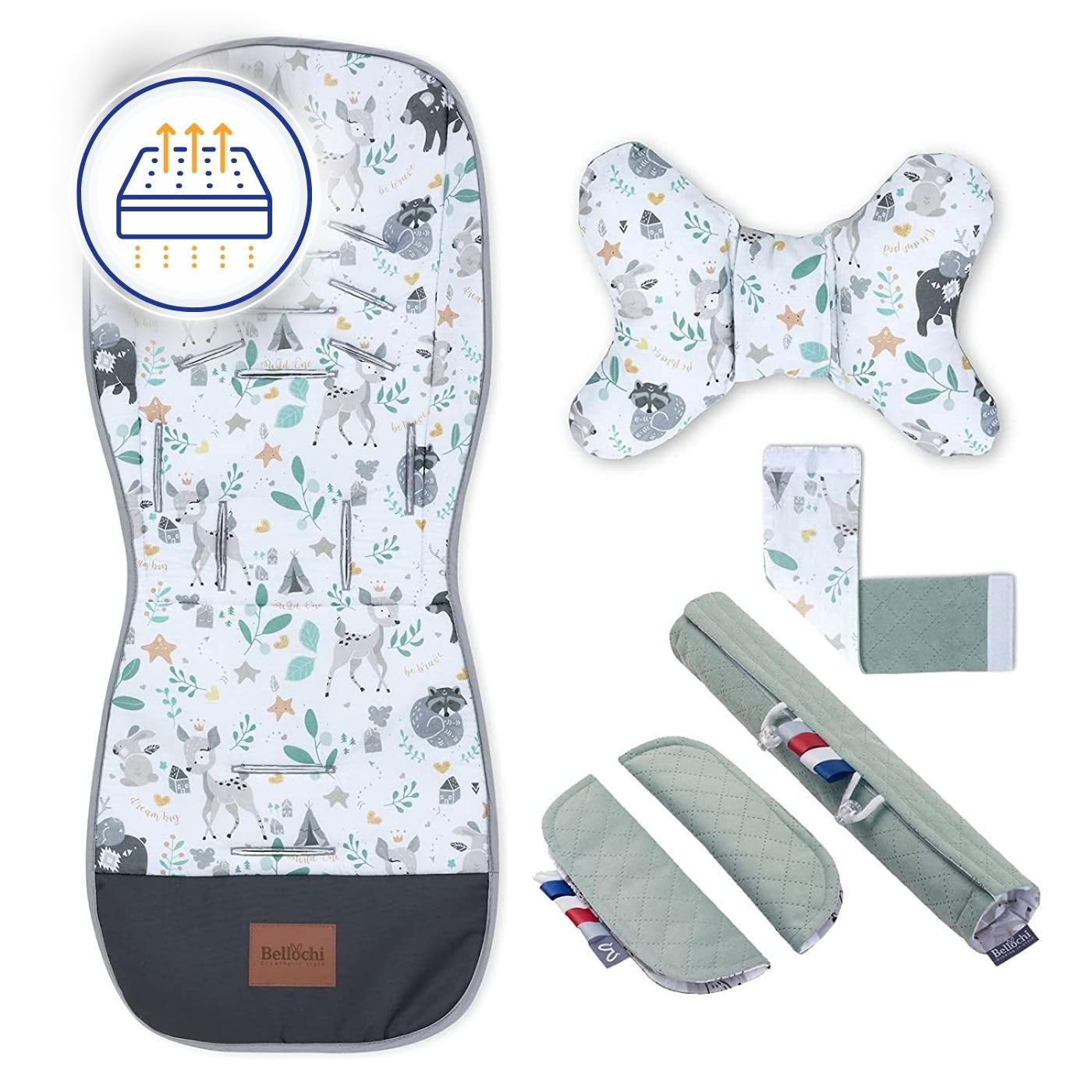 Bellochi Colchoneta Silla Paseo Verano - Colchoneta Carro Bebe Universal y Ventilado con Cojín Antichoque Tipo - Algodón y Terciopelo - Bambi Forest