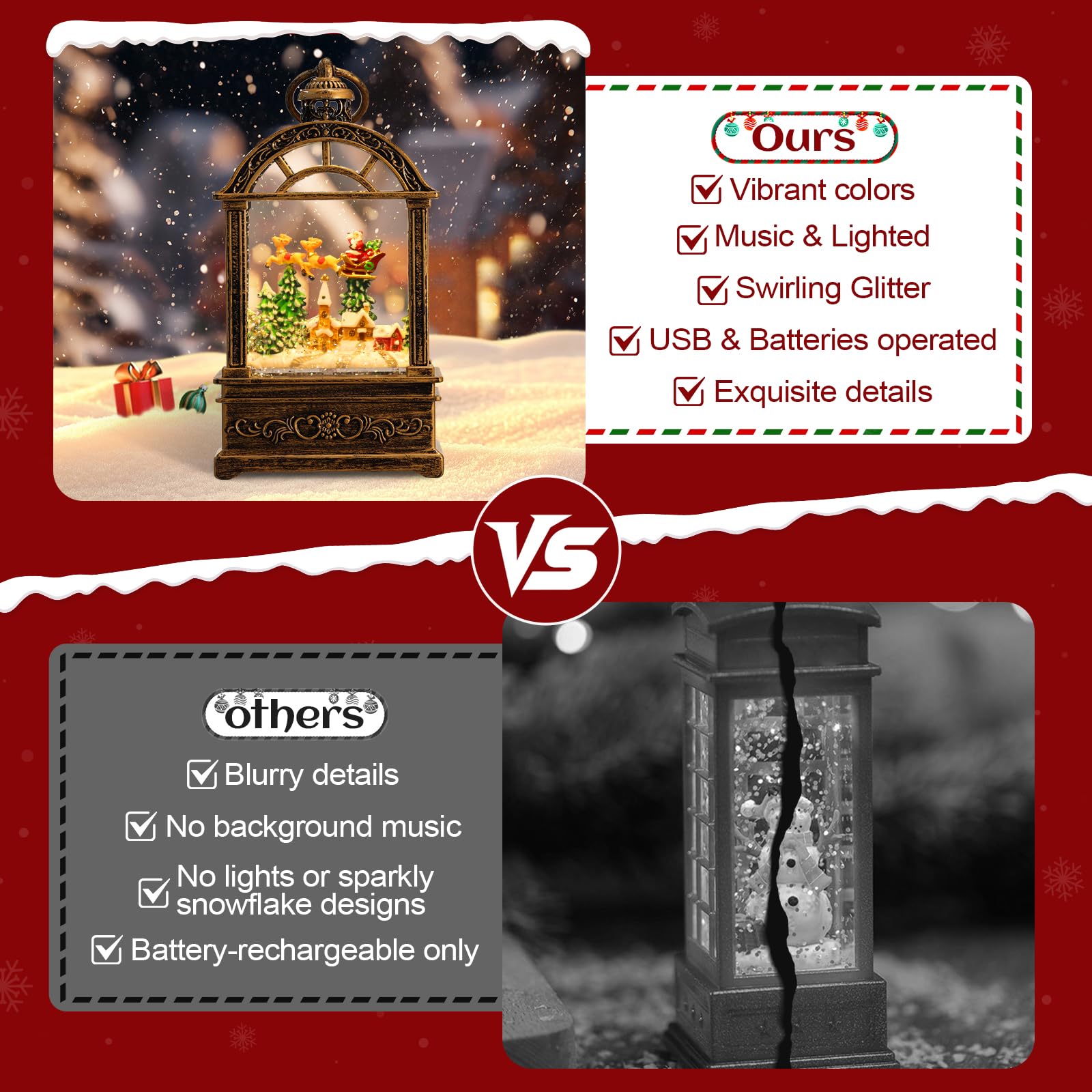 Snow Globe Christmas Lantern Decorations - 9.8”USB Plug-in & Battery Operated Music can be Turned Off，Portable Creative Water Glitters Lighted Music Christmas Snow Globe Lantern for Christmas Decor