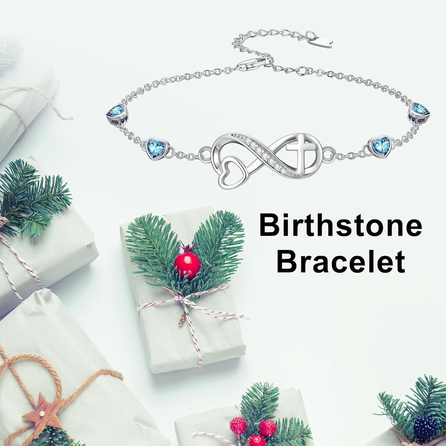 Birthstone Bracelets for Women 925 Sterling Silver Link Birthstone Bracelet Charm Adjustable Birth Stone Jewelry Gifts for Her(with Infinity Cross Heart) - Image 3