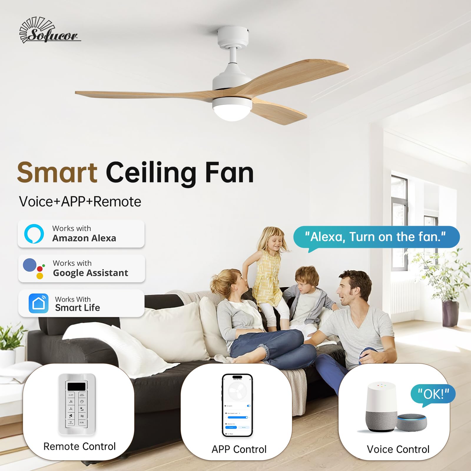 Sofucor Smart Deckenventilator mit Beleuchtung,132cm Massivholz Deckenventilator mit Licht, Alexa/APP, WiFi, Fernbedienung, DC, 3 Farbtemperatur, Timer, 6 Geschwindigkeiten für Schlafzimmer