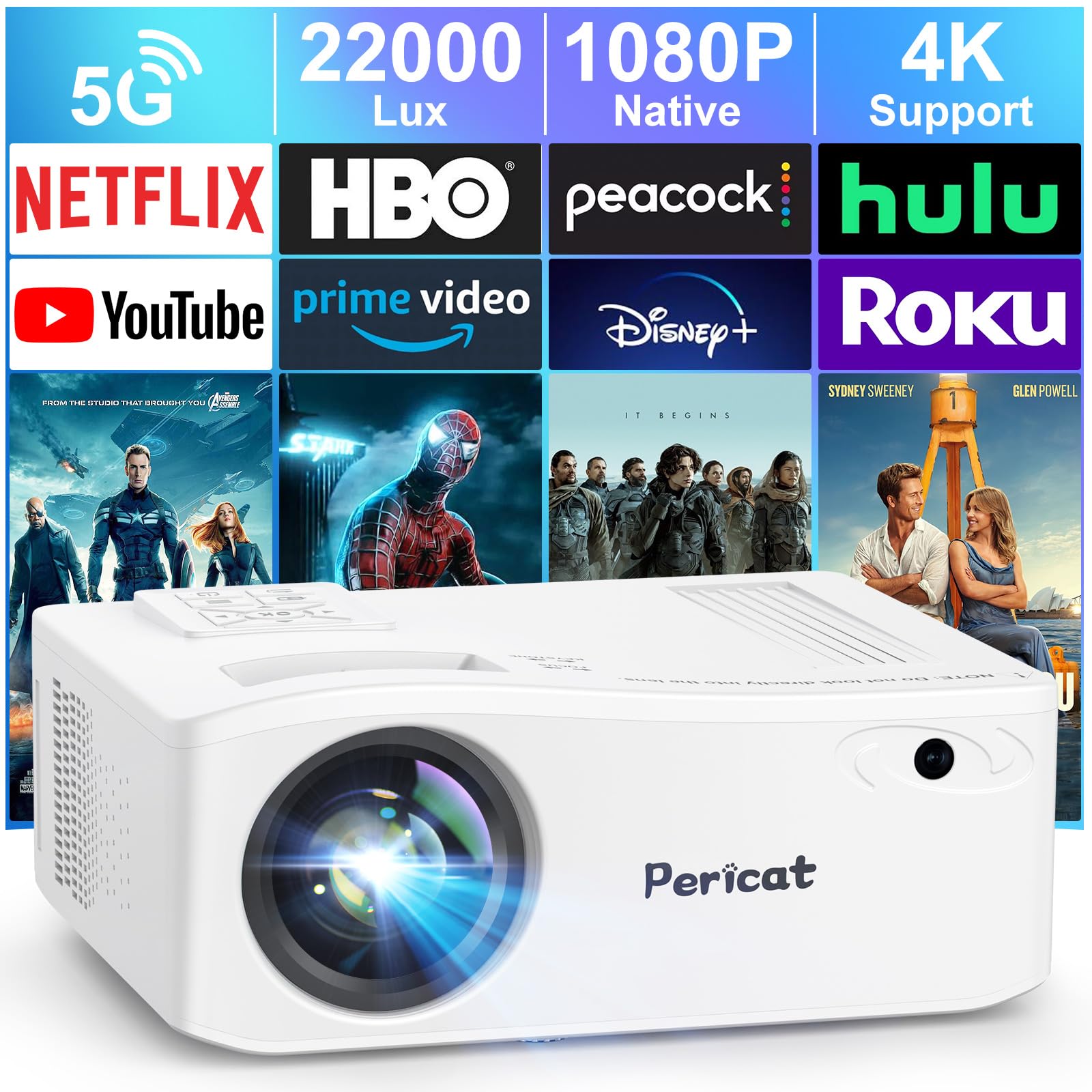 Pericat 5G WiFi Bluetooth Projector, Native 1080P Movie Projector, Outdoor Movie Projector with 350" Display, 22000L Home Theater Projector, 2024 Upgraded Projector Compatible with TV Stick, Phone/PC