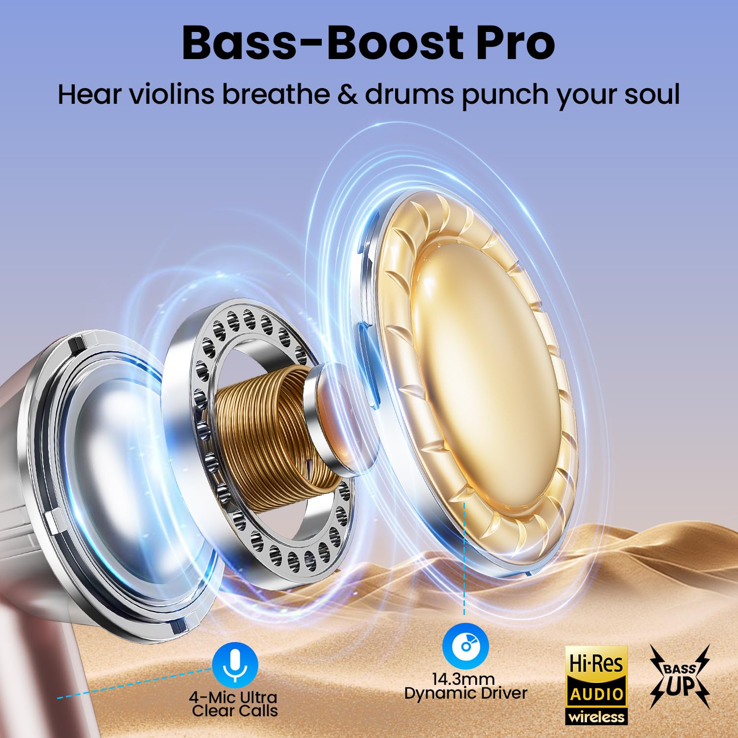 Haqquio Wireless Earbuds, Bluetooth Headphones with Deep Bass Stereo, 48H Playback Ear Buds with LED Power Display, Lightweight, IPX7, in-Ear Earphones with Mic for iPhone/Android/iPad, Rose Gold