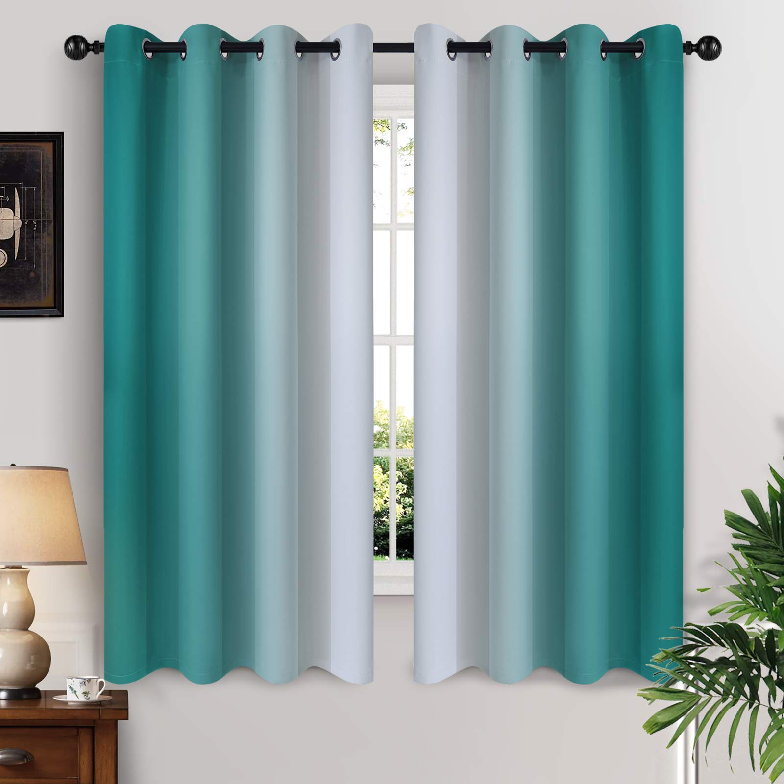 Yakamok Teal and Greyish White Ombre Blackout Curtains 63 Inch Length, Light Blocking Gradient Color Room Darkening Thermal Insulated Grommet Window Drapes for Bedroom (2 Panels, 52x63 Inch) โ image 1