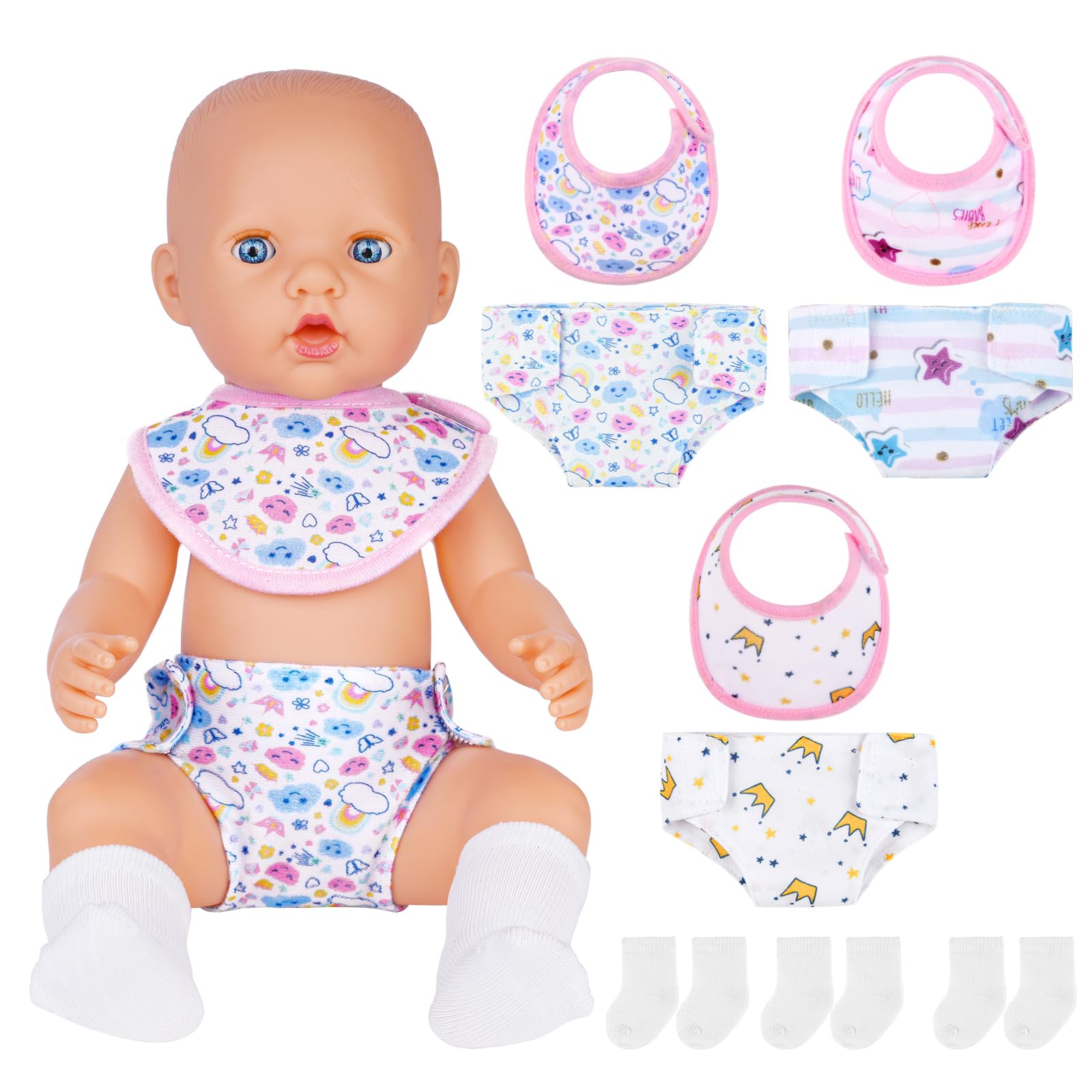 Aolso Bavaglini e Pannolini per Bambole, Set di 9 Accessori per Bambole Bavaglini e Pannolini in Tessuto per Bambole, Calzini per Bambole, Lavabile, Riutilizzabile, Idee Regalo per Bambini