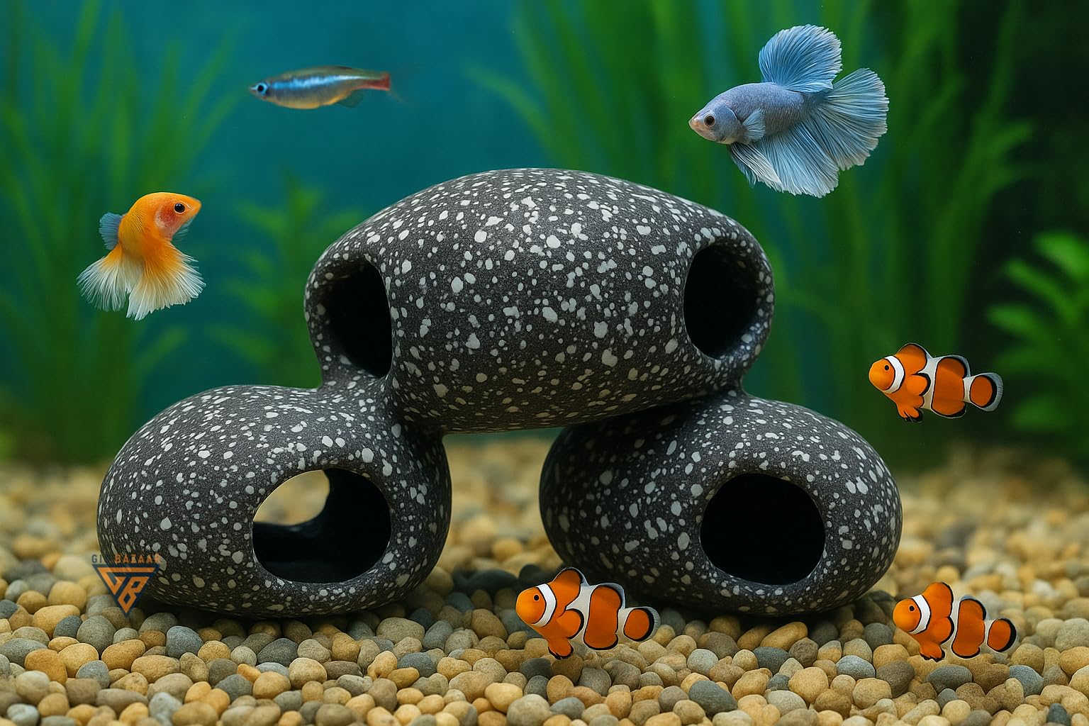 GIG Bazaar Aquarium Stone Shelter Rock Realistic Artificial Granite Rock Small Fish Shrimp Hideaway Decoration Ornament Accessories (Black and White, 7.6 cm)