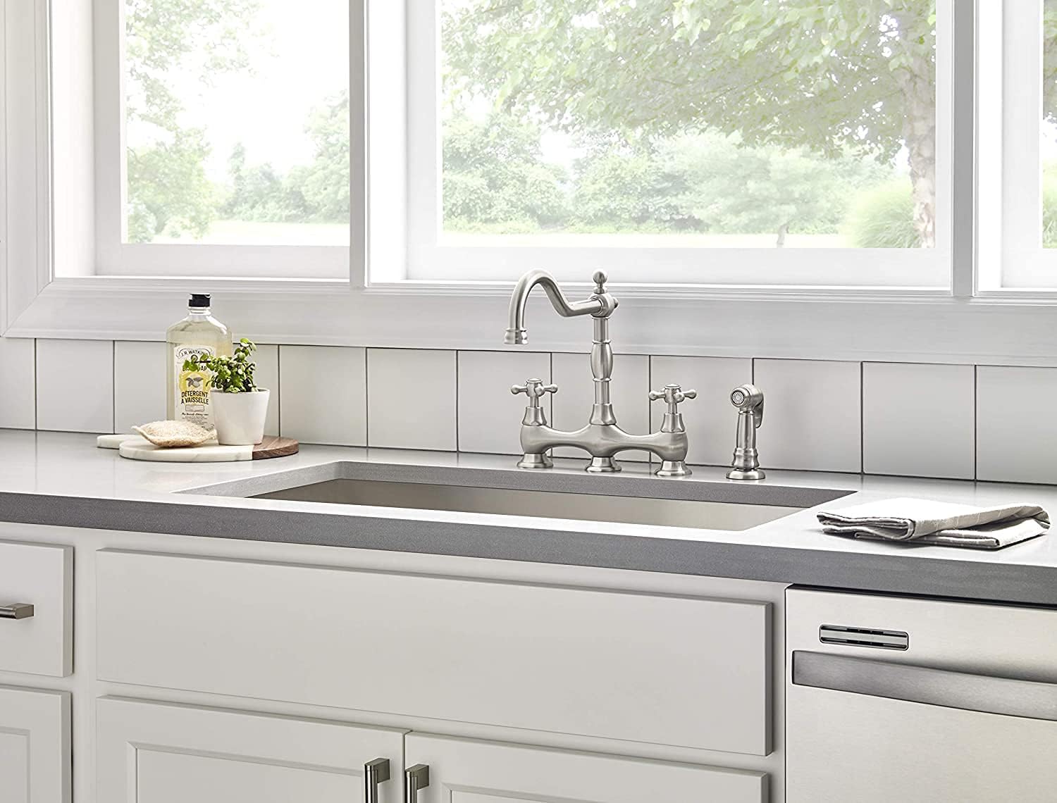Gerber Opulence Bridge Kitchen Faucet with Side Spray – 2-Handle Farmhouse Sink Faucet, Traditional Style, Swivel Spout, Heavy-Duty Brass, 8-Inch Center, 4-Hole Deck Mount in Stainless Steel