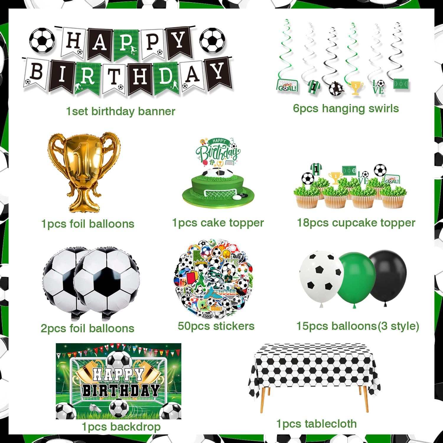 Soccer Birthday Party Decorations Includes Cake Toppers, Banner, Hanging Swirls, Tablecloths, Balloons for Soccer Party Decorations image 2