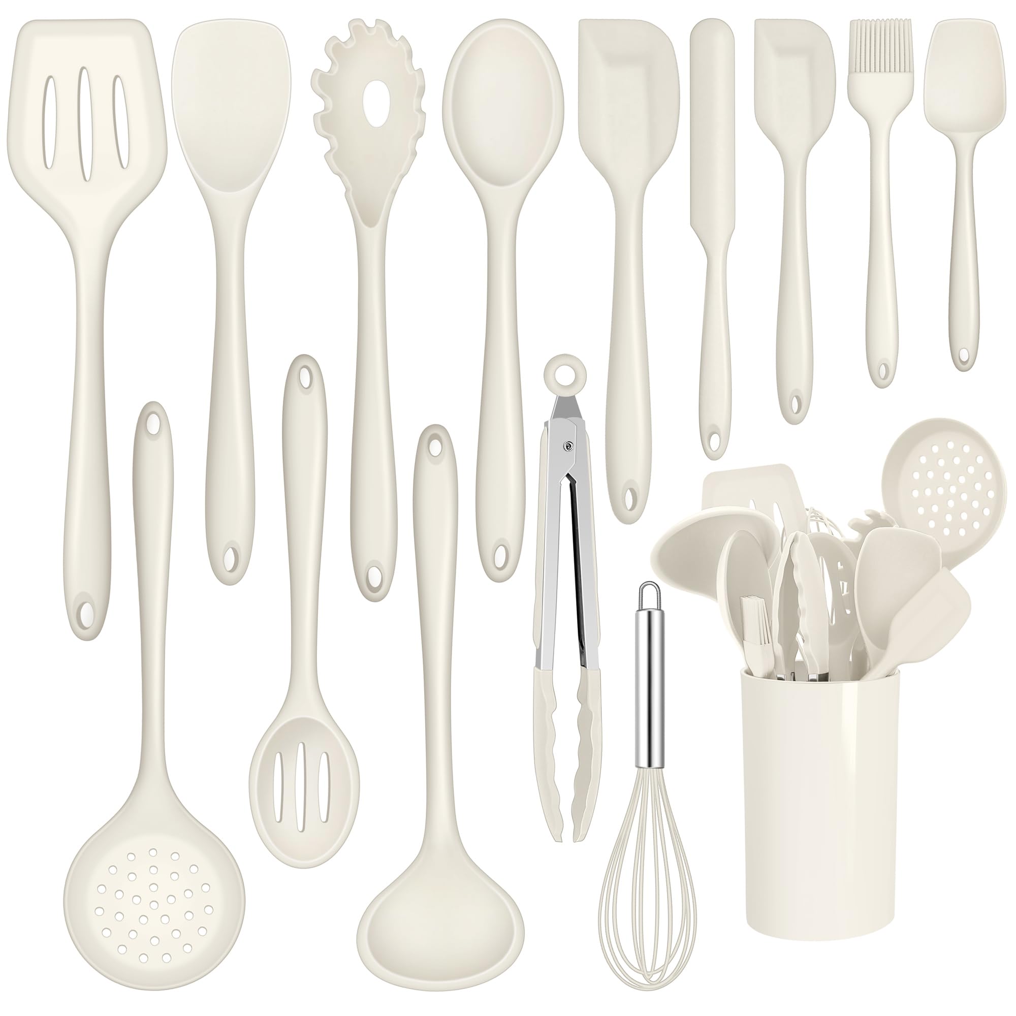 Joyfair Lot de 15 ustensiles de cuisine en silicone résistants à la chaleur avec porte-ustensiles, ustensiles de cuisine antiadhésifs, passe au lave-vaisselle, blanc
