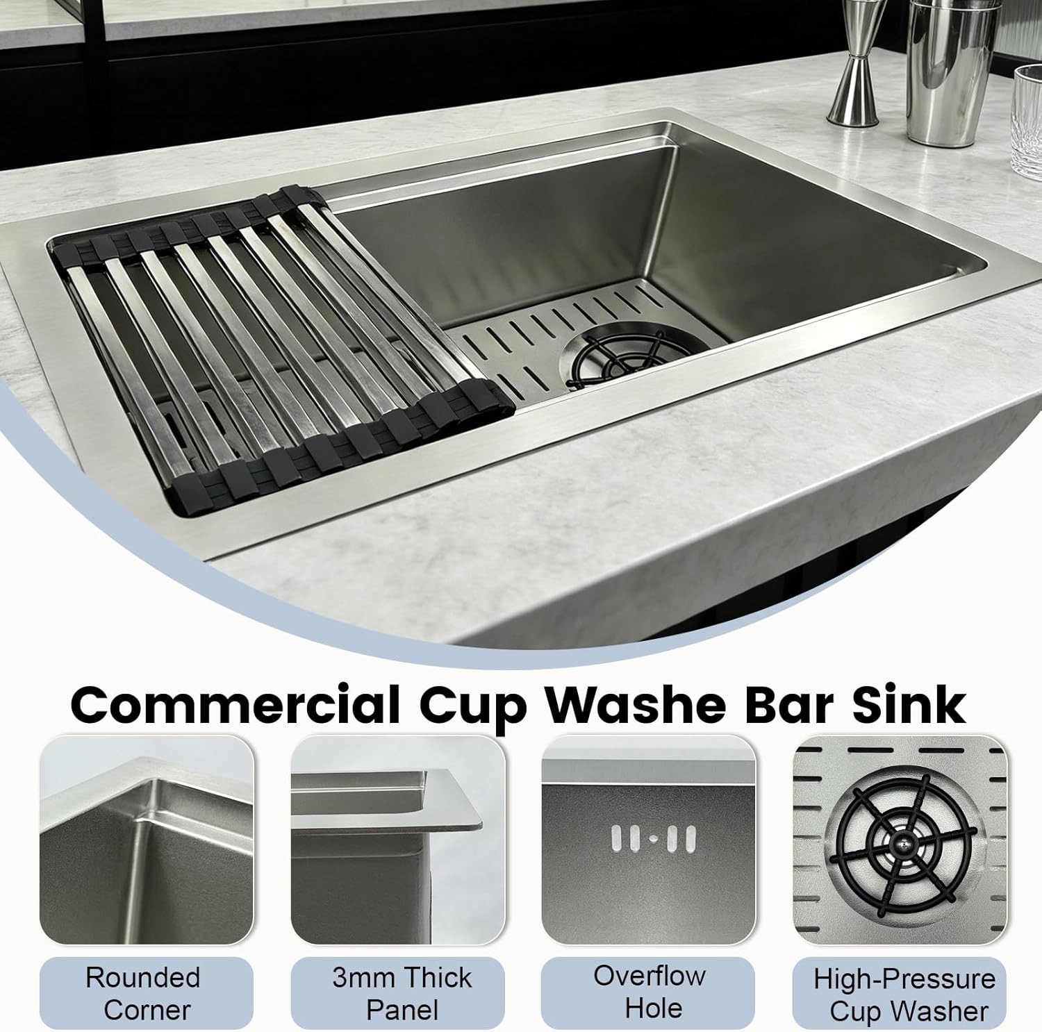 Stainless Steel Glass Rinser Bar Sink, Single Bowl Countertop Sink With Cup Washer, Drain Knob, Waste Pipe, Home Bar Prep Sink For Pub, RV, Drop-In/Undermount Workstation Sink(48x30.5x22cm)
