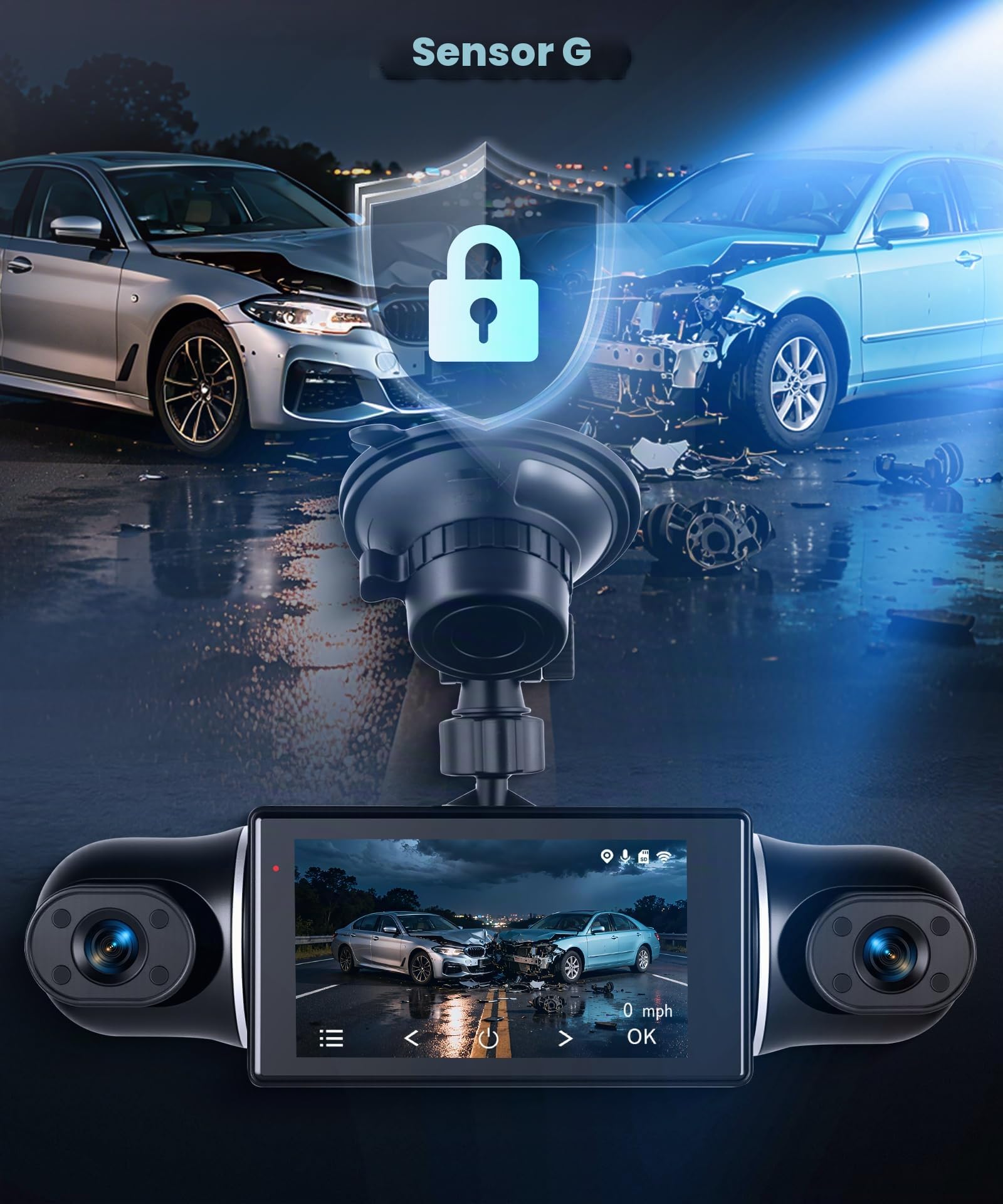 Rimoody Dash CAM 2K 4 Cámaras, WiFi App Viidure, Coche Grabadora 360° con Visión Nocturna, G-Sensor, Asistente de Marcha Atrás, Pantalla 3 Pulgadas para Coche 64 GB Tarjeta