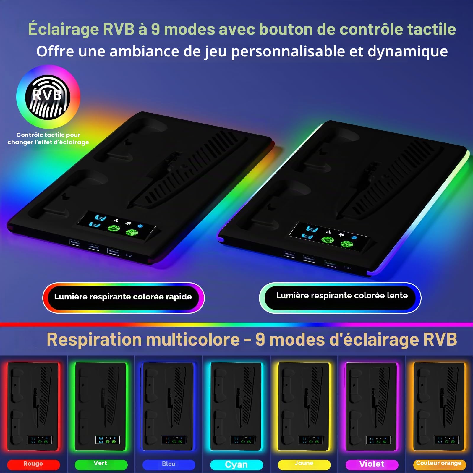 Support PS5 pour PS5/Slim avec Ventilateur de Refroidissement à 3 Vitesses, 3 Ports USB Chargeur Manette avec Lndicateur RVB, Refroidisseur pour Playstation5 Digital/Disc Edition(Noir)