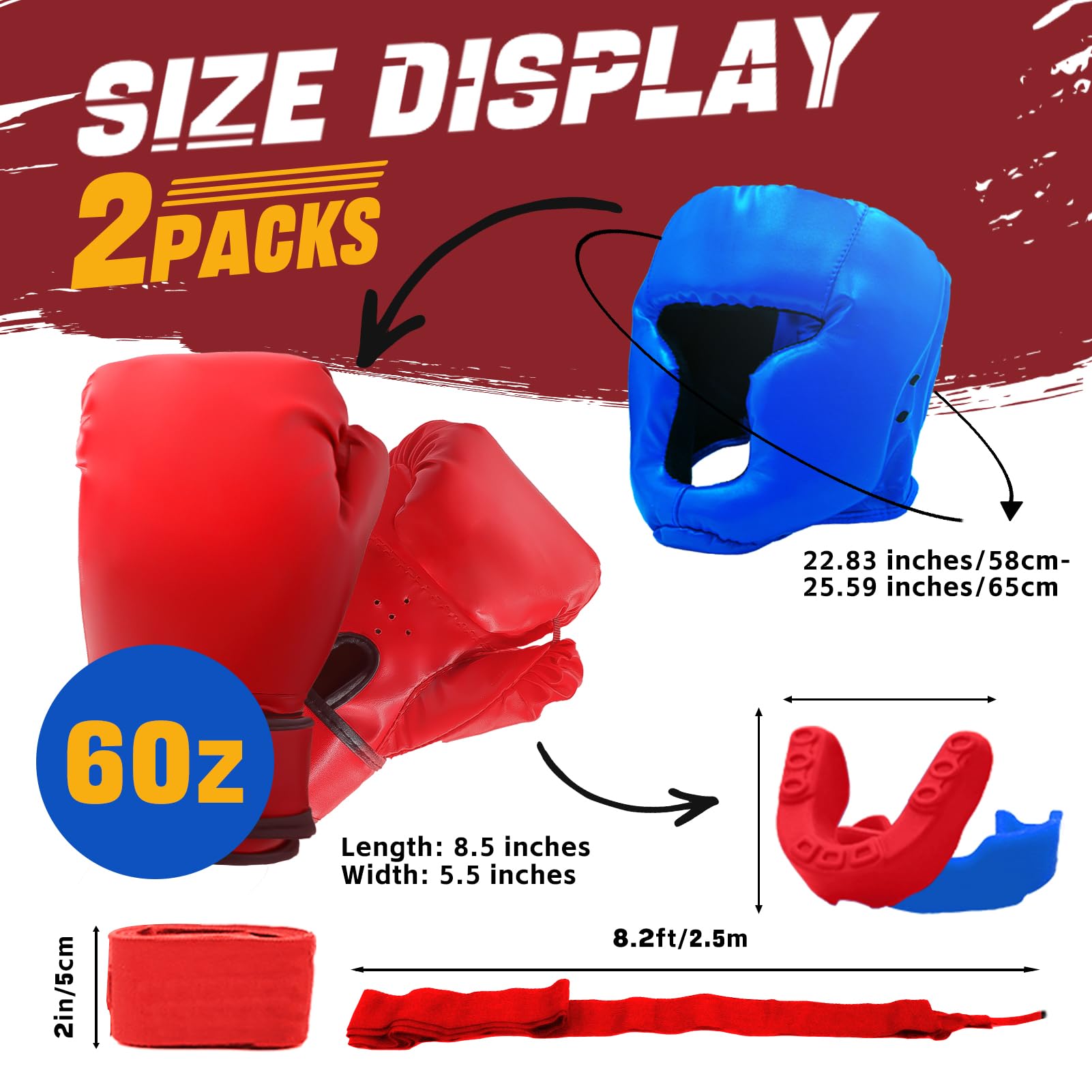 Ensemble de 14 pièces d'équipement de boxe pour débutants comprenant 2 paires de gants de boxe de 170,1 g, casque, bandages pour les mains, protège-dents, cadeaux pour adultes, jeunes