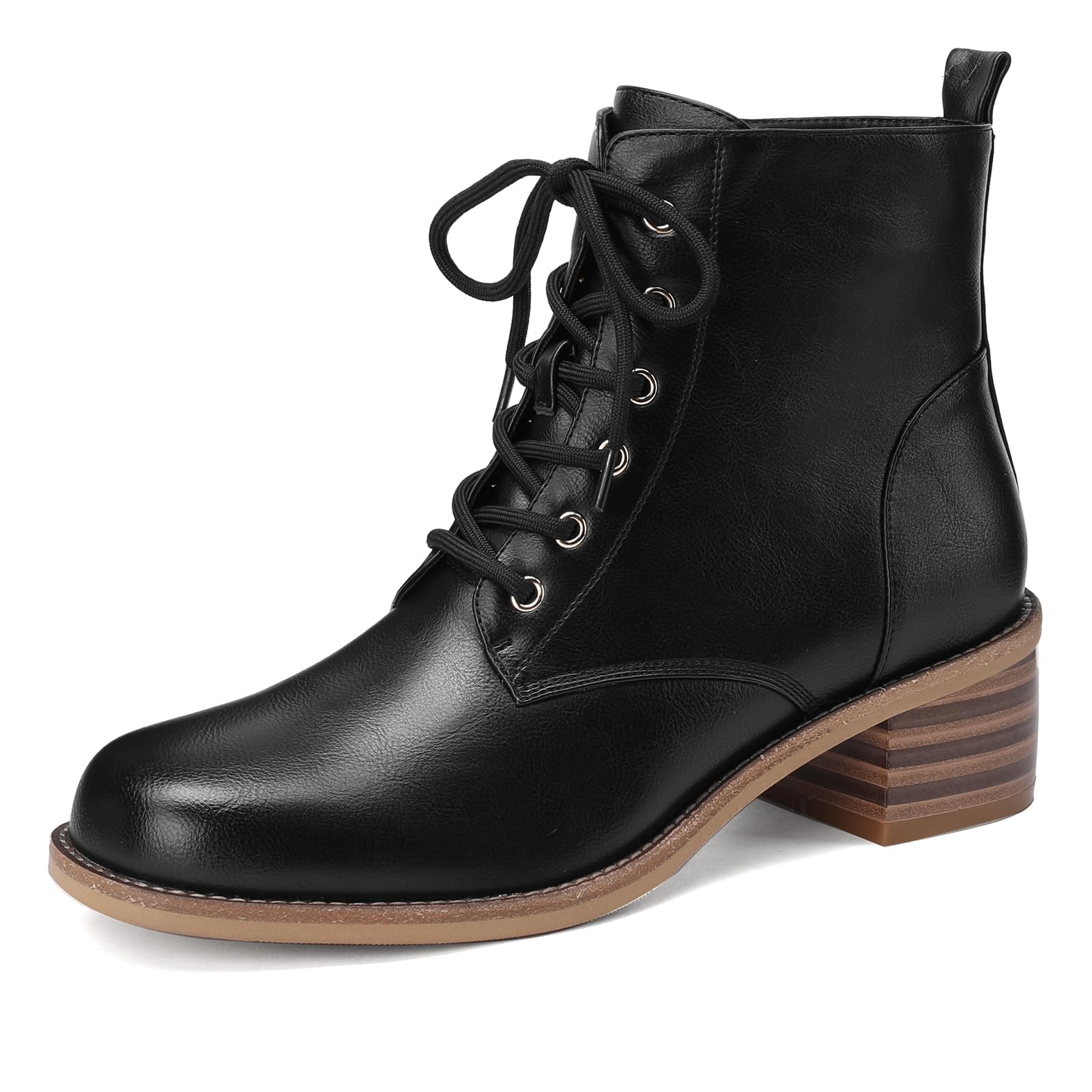 TDD Lace Up Boots for Womens Black Combat Block Chunky Round Toe 1 5 inch Low Heels Chelsea