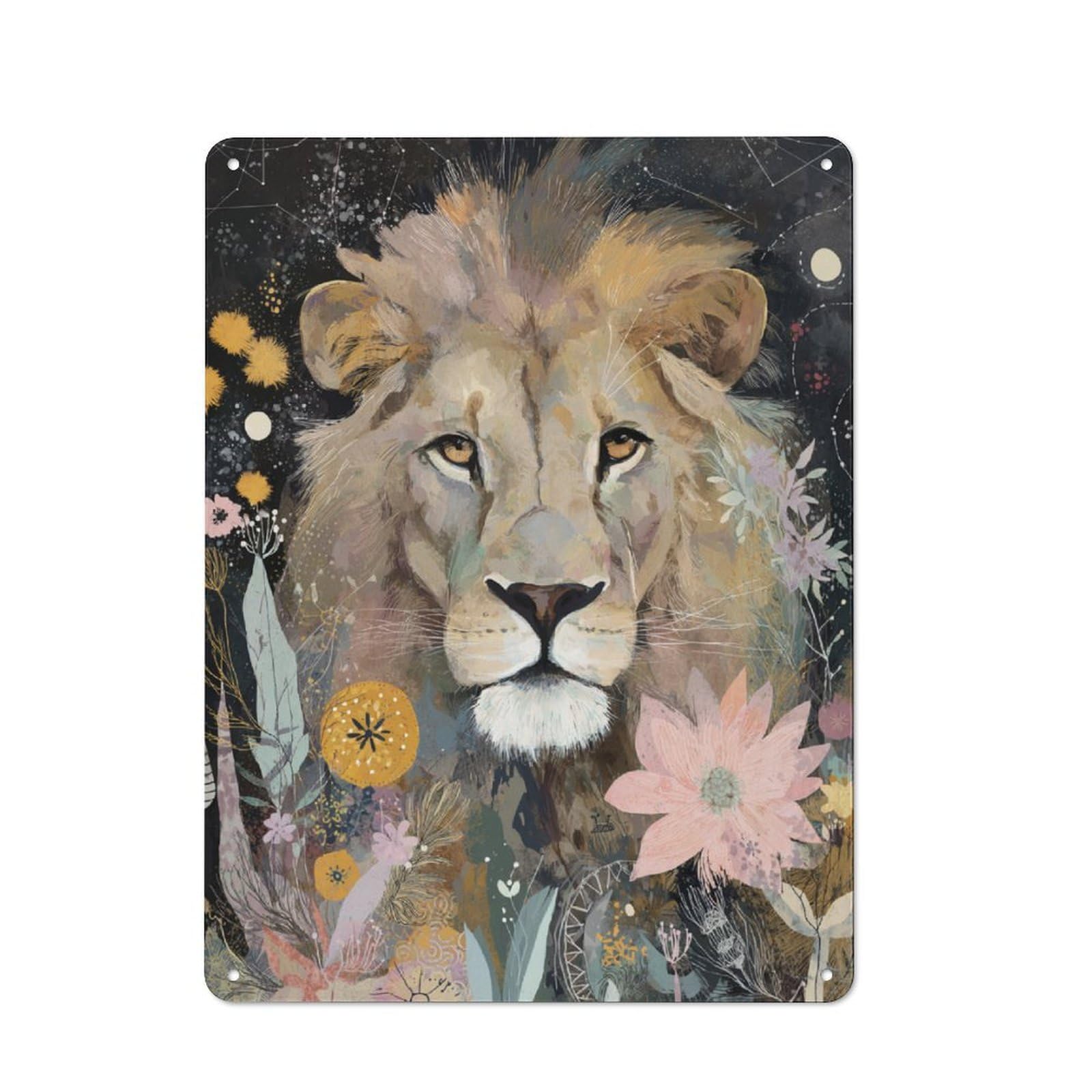 Junmoney Whimsical Lion With Flowers Rustic Metal Sign 40X30cm For Living Room Wall, With Clear Rustic Wall Decor Character