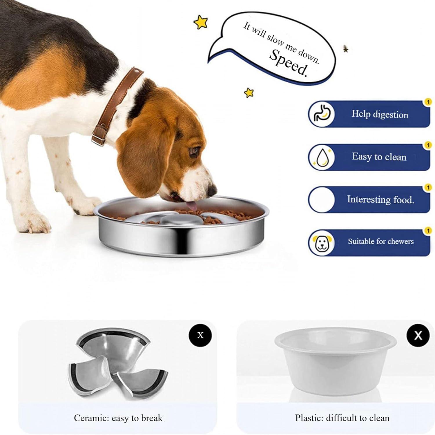Dog and Cats Slow Feeder Stainless Steel Feeding Bowl to Stop Food Gulping for Small Puppy and Kittens Pet Slow Bowl