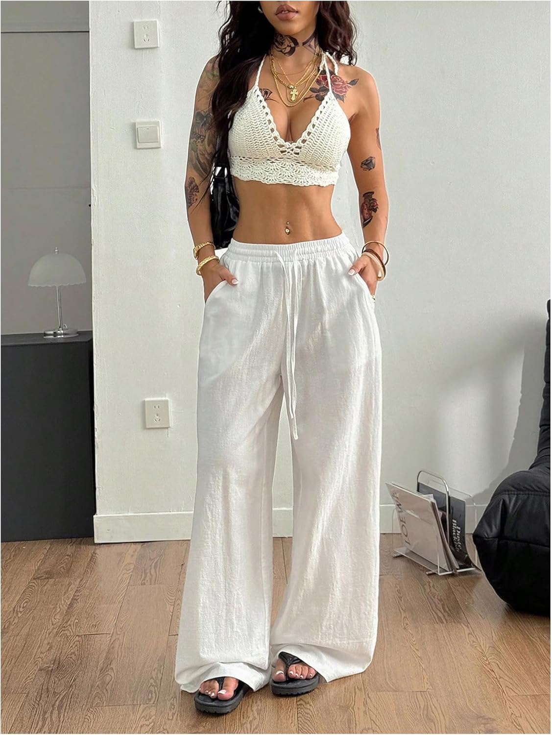 Women's Boho Wide Leg Linen Pants Drawstring Waist Casual Loose Trousers Vacation Outfits - Image 5