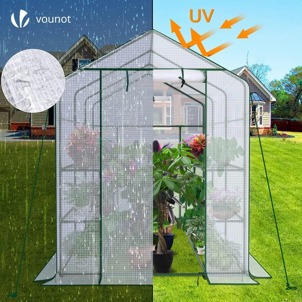 VOUNOT Serra da Giardino 143x215x195 cm con Porta Avvolgibile e Finestra di Osservazione, Mini Serra Orto Vivaio per Piante 12 Ripiani per Fiori Verdure Crescita, Bianco