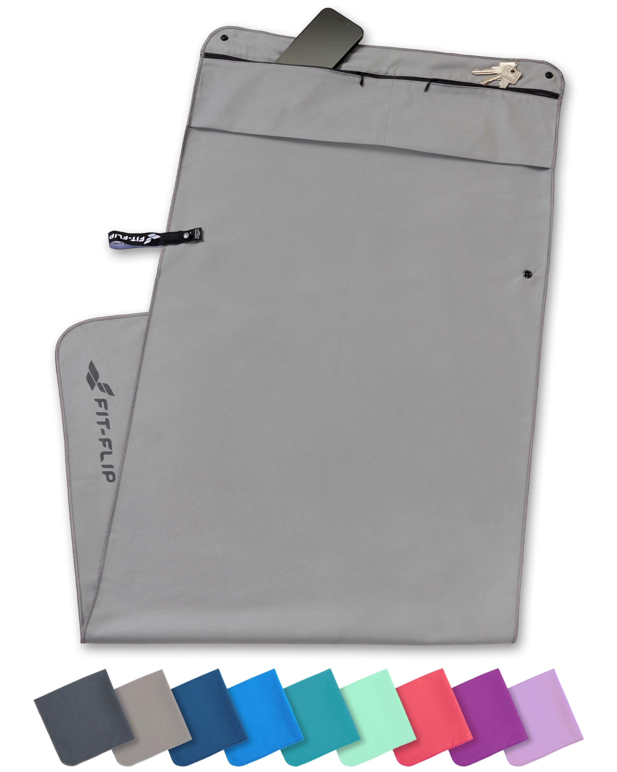 Fit-Flip fitness towel with magnet and zip pocket