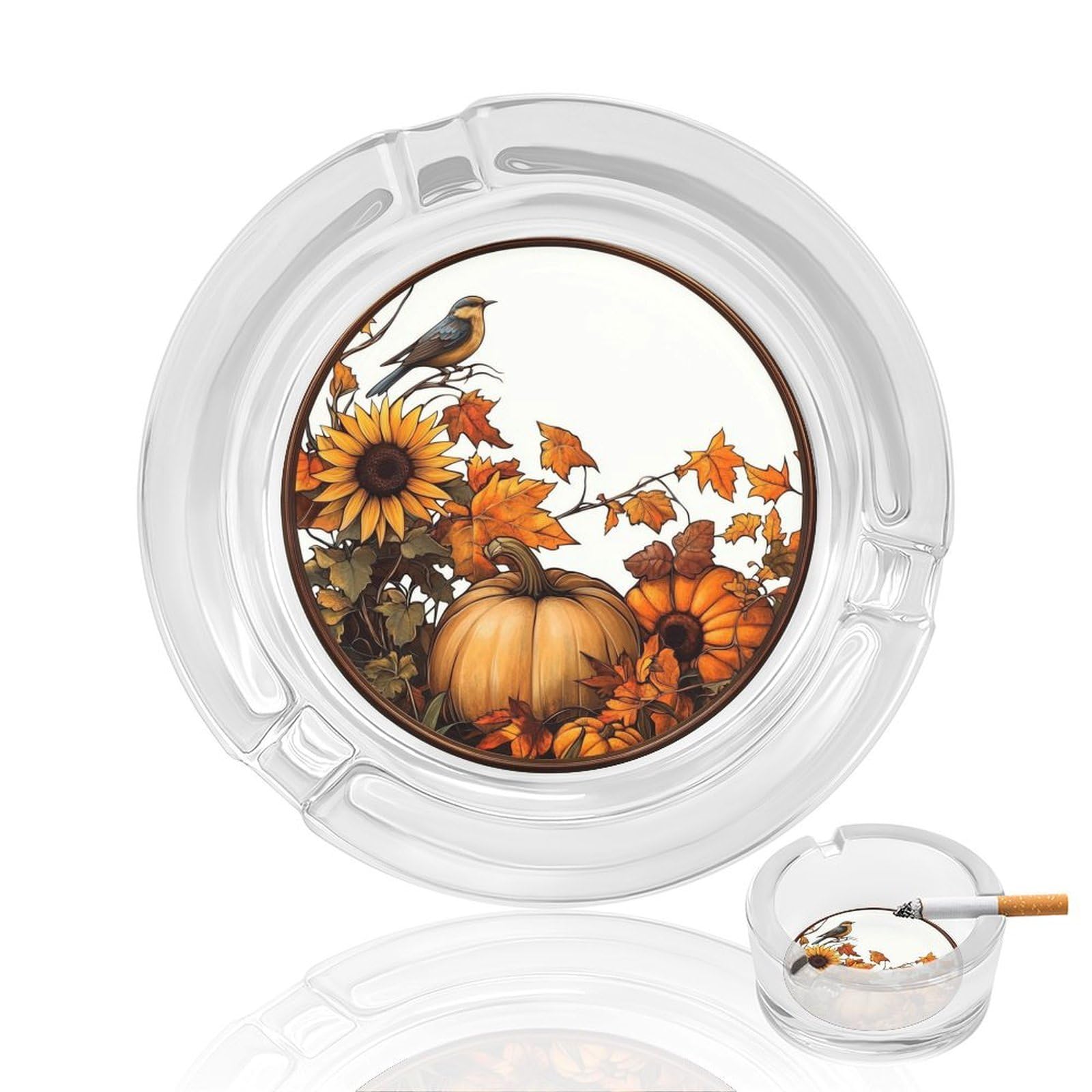 Fall Scene Sunflowers Pumpkins Birds Glass Ashtray for Cigarettes Portable Decorative Ash Trays for Home Office Decor
