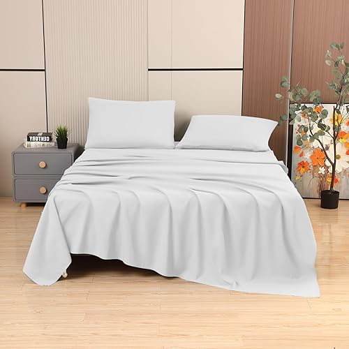 Miniatura 5 de Toodou Las sábanas bajeras de tamaño individual de color blanco tienen un tacto suave y sedoso, transpirable, resistente a las arrugas y a la