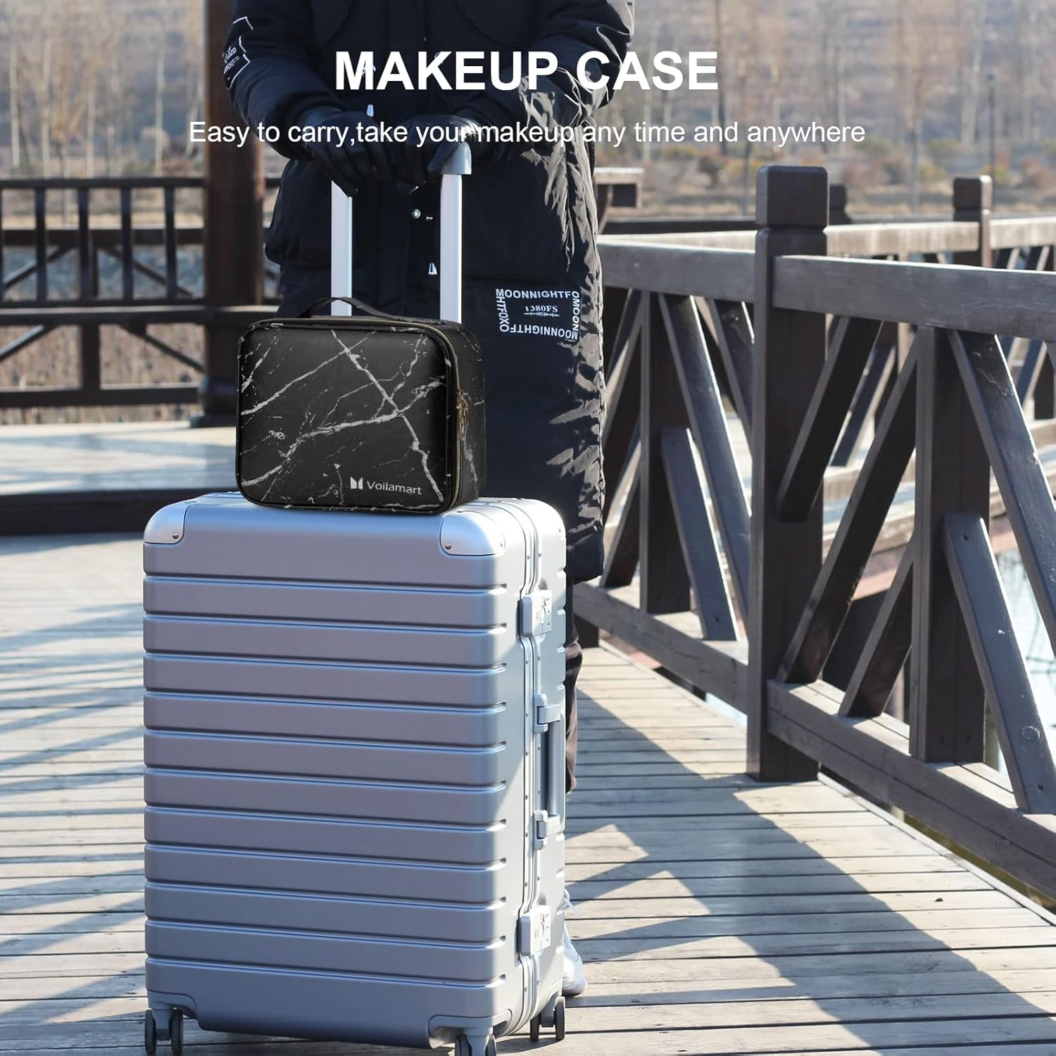 Makeup Cosmetic bag,Black Marble Cosmetic Case Organizers,Travel Makeup Train Case, Waterproof and Adjustable Dividers for Cosmetics,Makeup Brushes(9.8x8.86x3.7 inches)