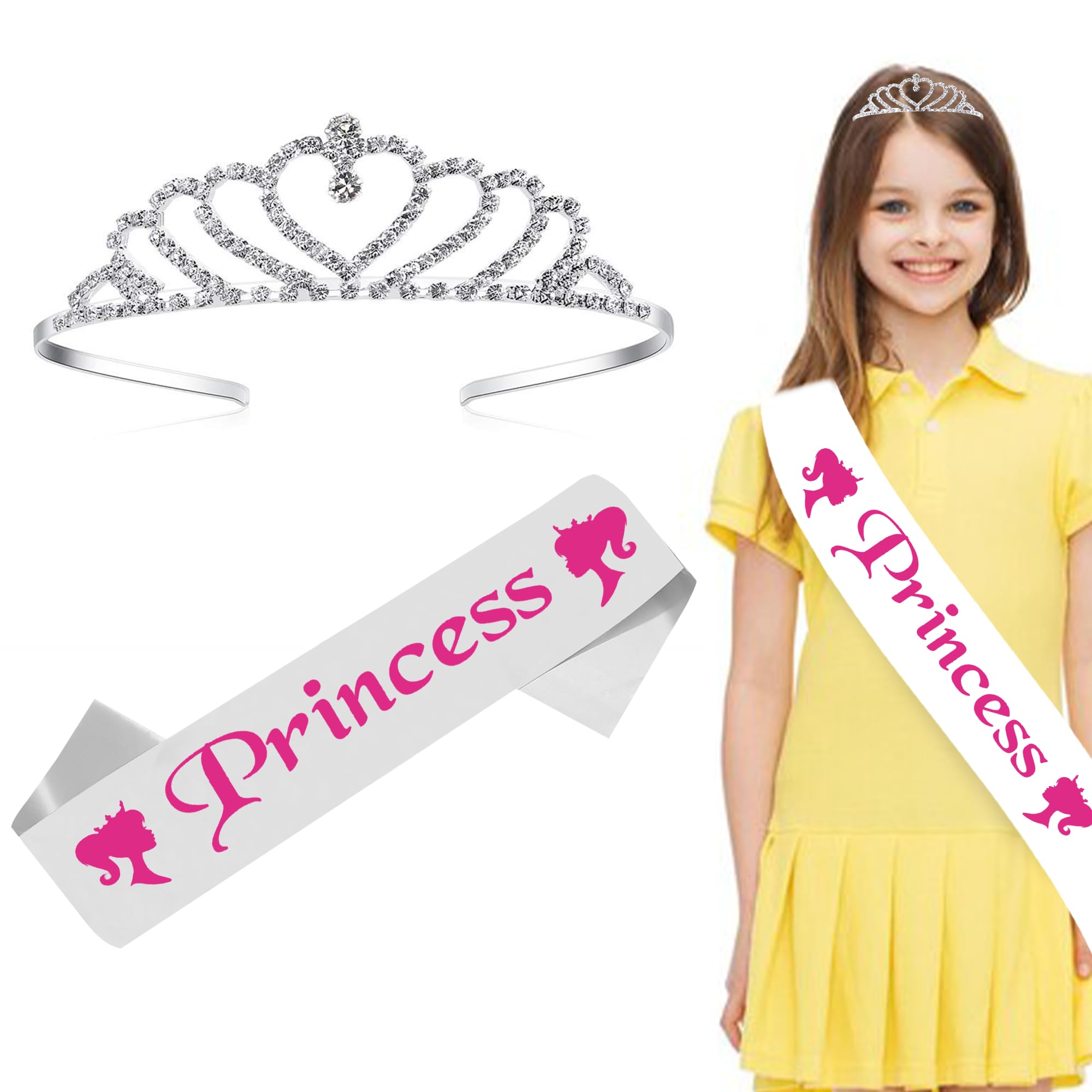 Curated Cart Princess Sash and Tiara Set - White Satin Sash with Heart Crown Tiara, Perfect for Birthday Parties, Pageants, and Special Occasions - Women's and Girls' Birthday Accessories
